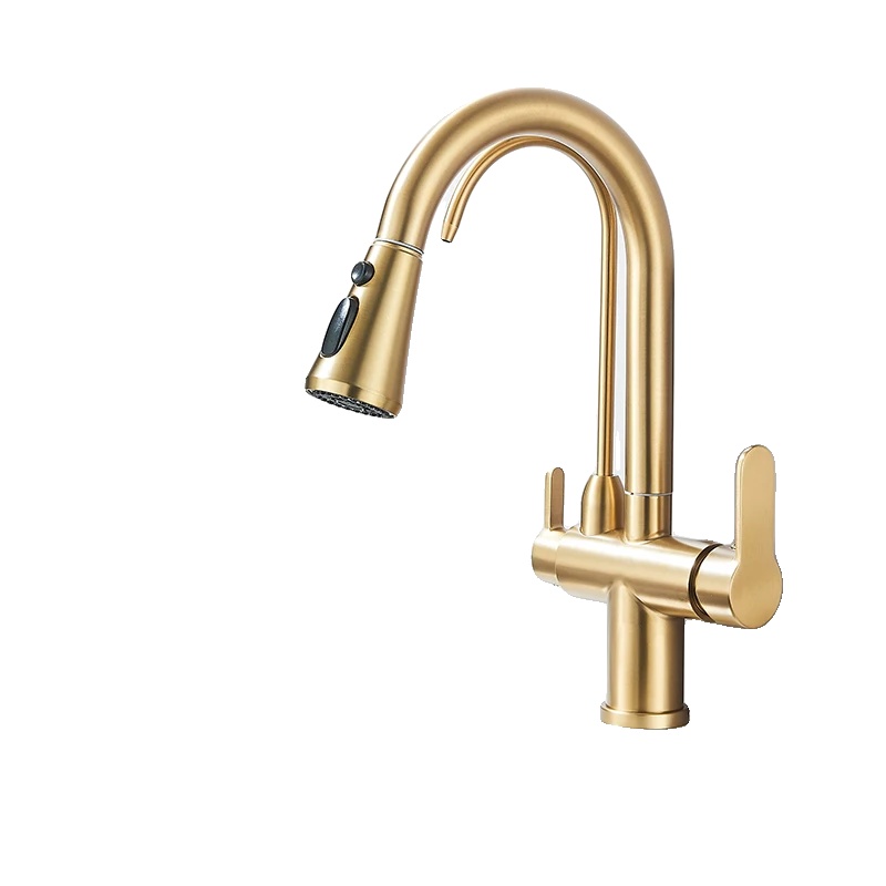 Küchenarmatur, Doppelgriff, 360-grad-schwenkauslauf, Gebürstetes Gold