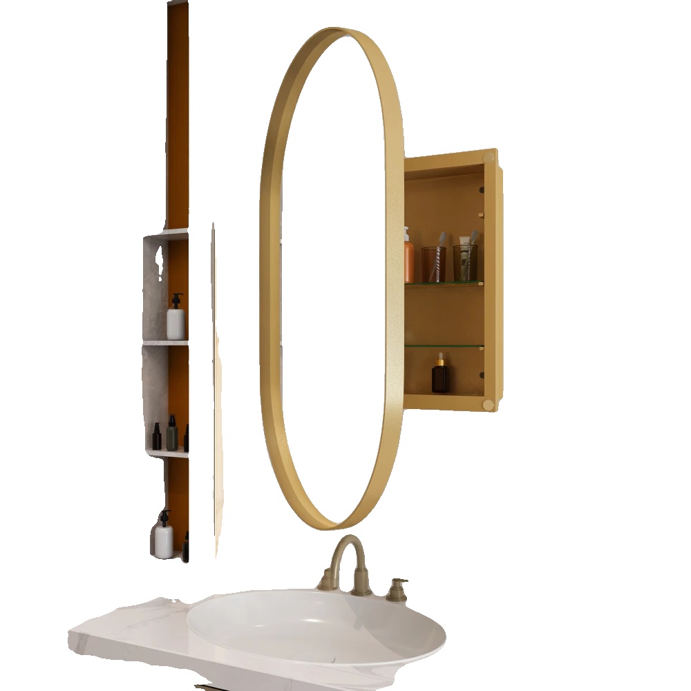 Spiegelschrank, Einbau-design, Verstellbare Regale, Oval Gold