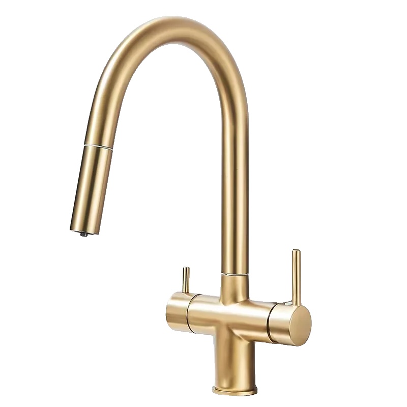 Küchenarmatur, Messingmaterial, Doppelgriff, Gebürstetes Gold