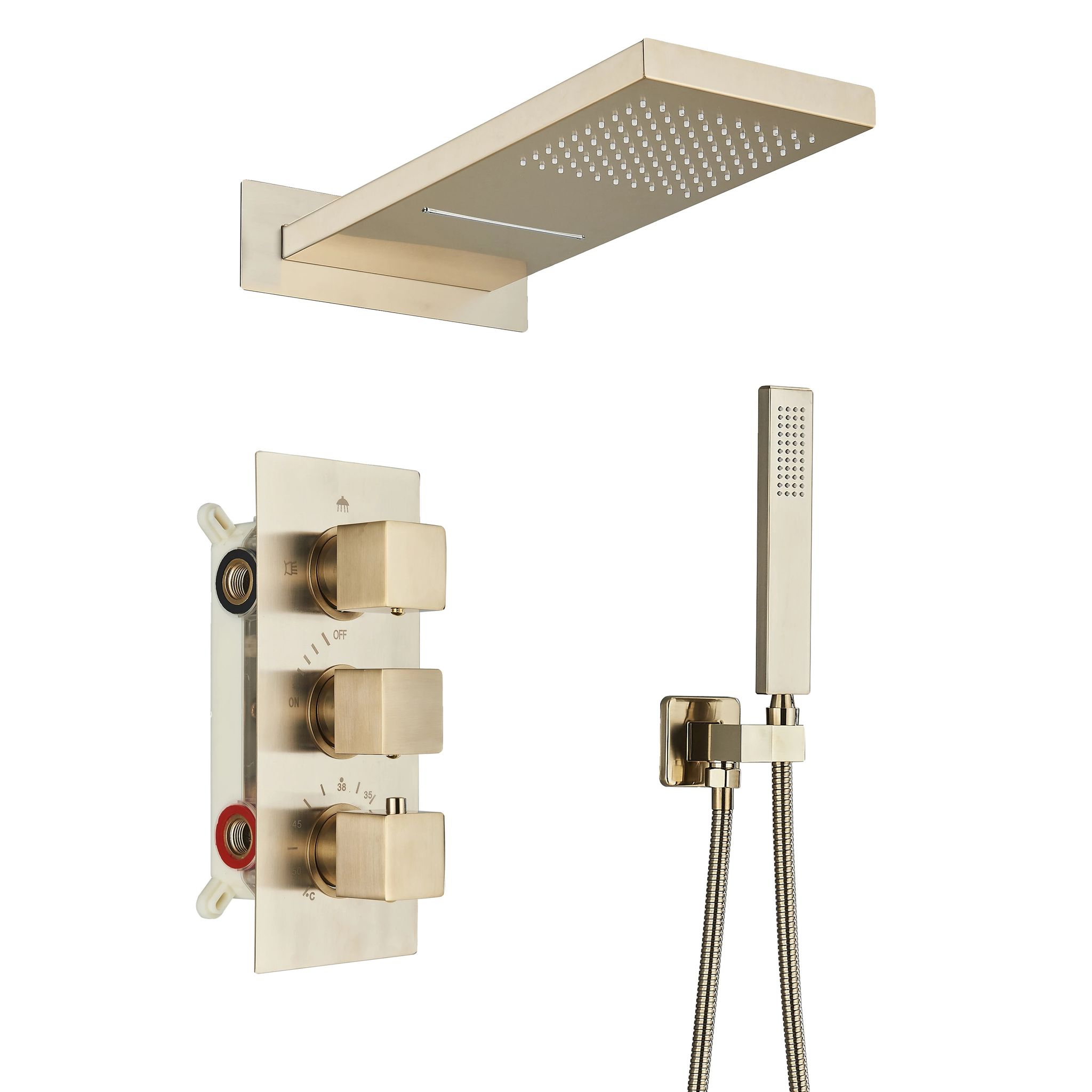 Duscharmatur Set, 3-wege, Thermostatsteuerung, Modernes Design, Gebürstetes Gold