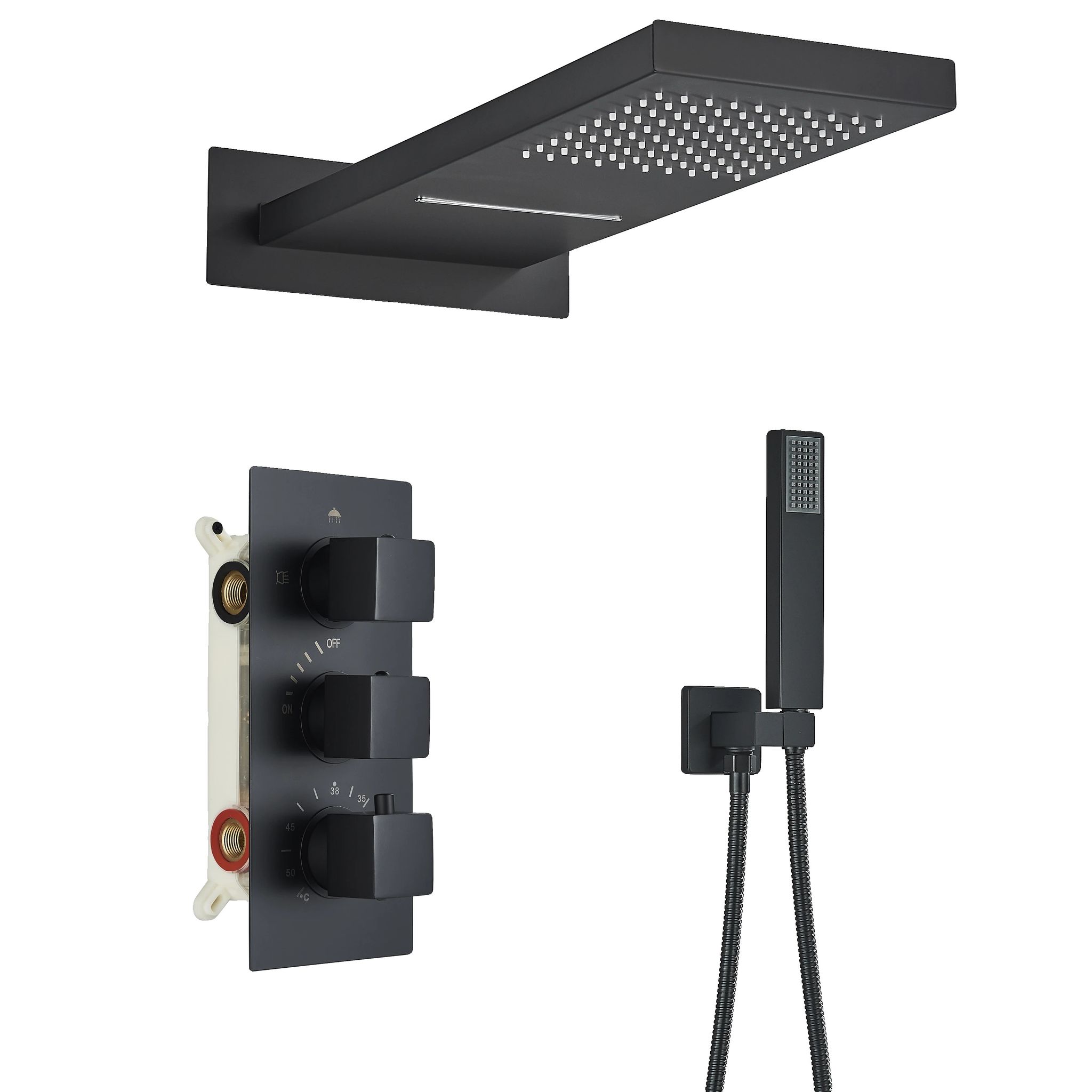 Duscharmatur Set, 3-wege, Thermostatsteuerung, Modernes Design, Mattschwarz