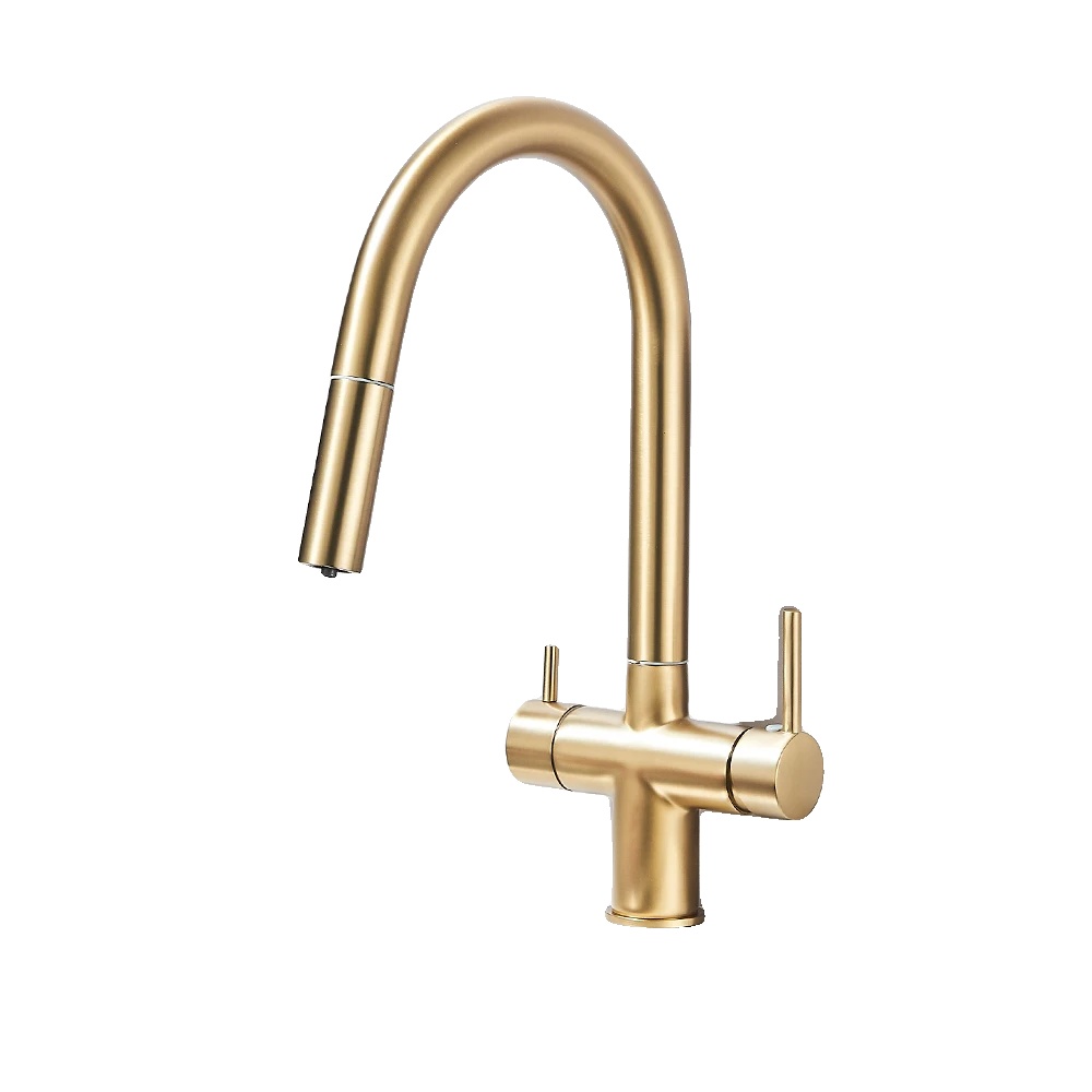 Küchenarmatur, Dual-handle, Ausziehbare Sprühfunktion, Gebürstetes Gold