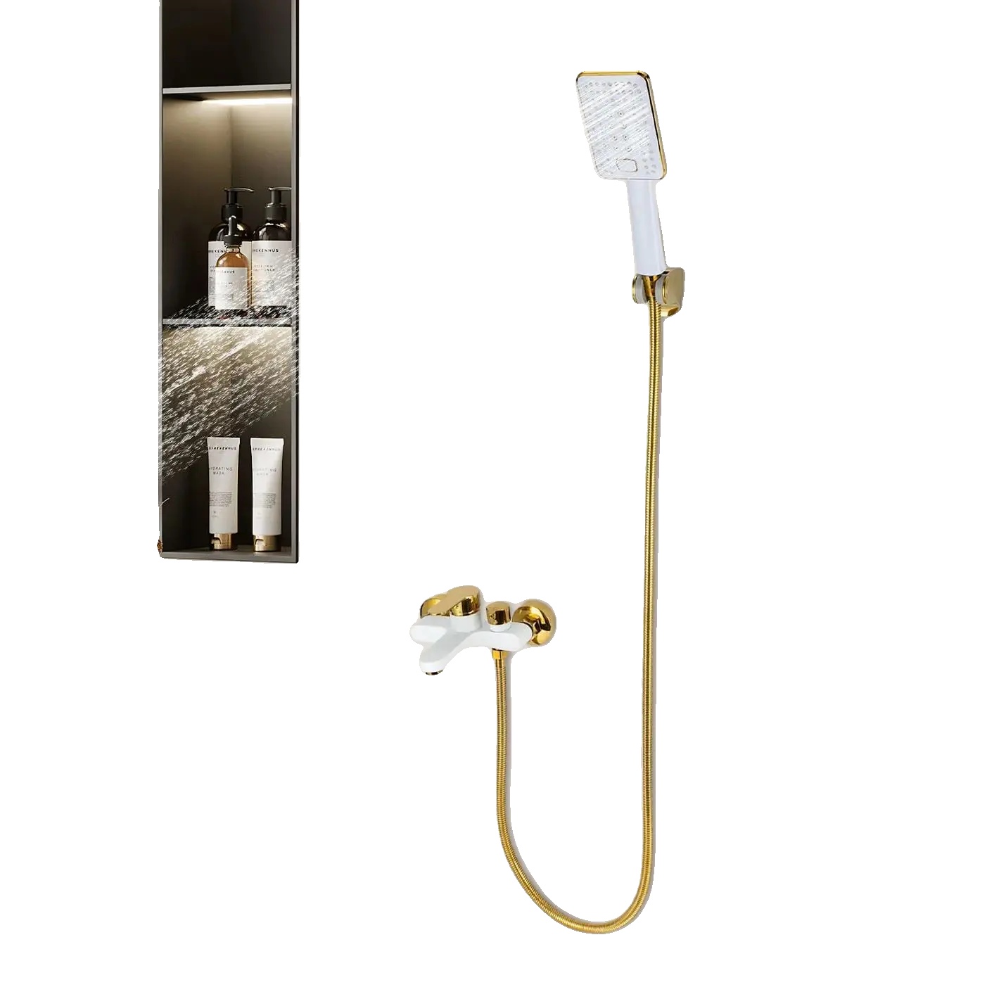 Wandmontierter Badewannenmischer, Zwei Wasseranschlüsse, Handbrause Enthalten, Gold, G1/2