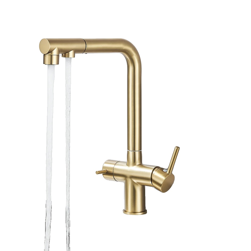 Gefilterter Wasserhahn, Ausziehbare Sprühdüse, Doppelgriff, Gebürstetes Gold