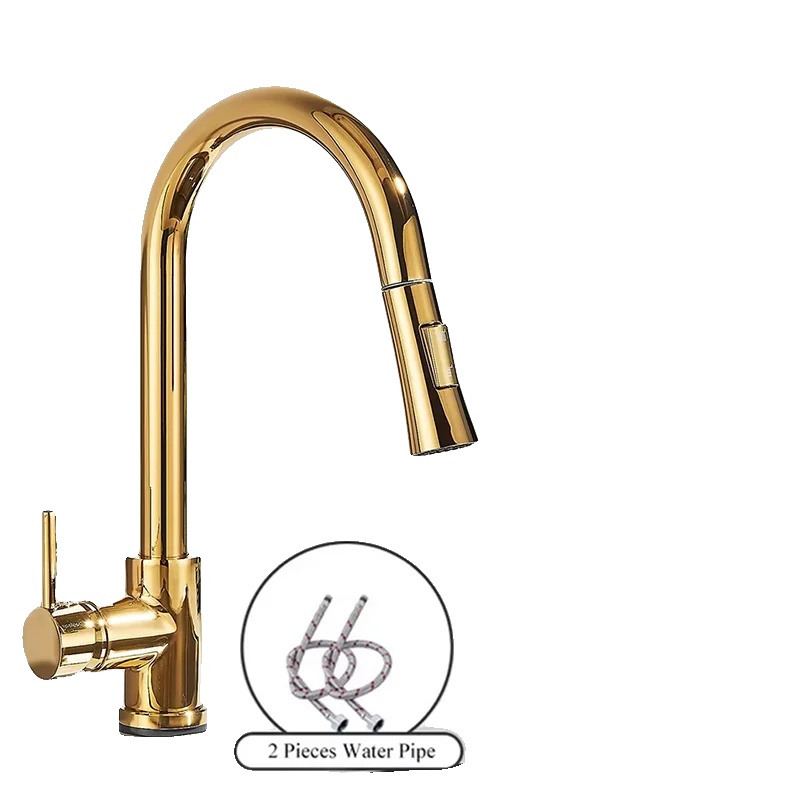 Küchenarmatur, Ausziehbare Sprühfunktion, Deckmontiertes Design, Goldene
