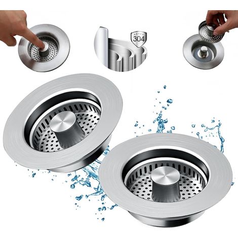 3-in-1 Spülbecken-abflussfilter – Edelstahl 304 – Spülbecken-abflussfilter – Verbesserter Küchenstöpsel – Schneller Abfluss-geruchsfilterstöpsel (silber – 2 Stück)