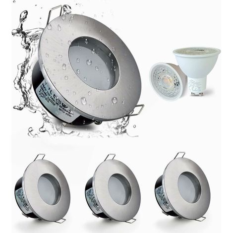 4er-set Wasserdichte Led-einbaustrahler (ip65), 5 W, 3000 K Warmweißes Licht, 68 Mm Einbaudurchmesser, Satiniertes Nickel-finish – Silbernes Lampengehäuse. Debuns