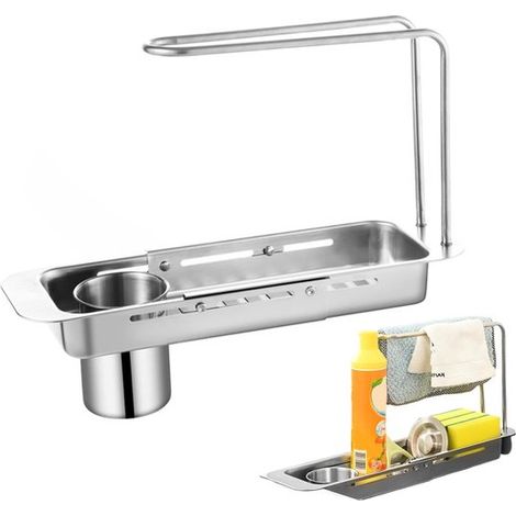 Ausziehbarer Spülbecken-abtropfkorb – Ausziehbarer Edelstahl-abtropfkorb – Verstellbarer Abtropfkorb Mit Schwammhaken – Ausziehbarer Küchenaufbewahrungsbehälter – Silber
