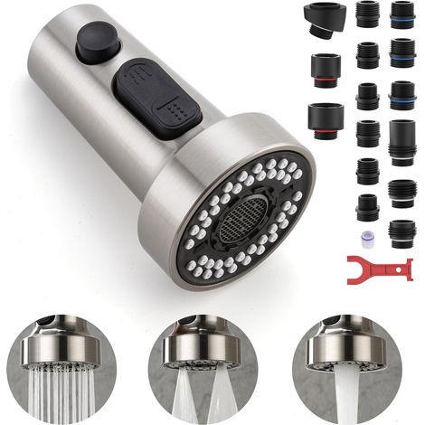 Ersatz-ausziehbrausekopf – Küchenarmatur-brausekopf – Mit 15 Aufsätzen – 3 Funktionen – Gebürstetes Nickel
