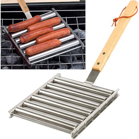 Hot-dog-ständer Mit Extra Langem Holzgriff, Grillfunktion Für Gleichmäßiges Garen, Fassungsvermögen: 5 Stück, Silberfarben