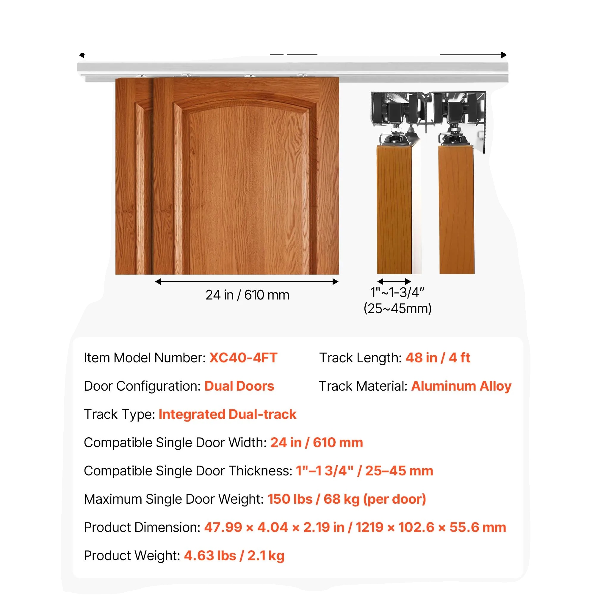 Durchgangsschiebetürbeschlagset, Langlebige Aluminiumlegierung, Leiser Betrieb, 4ft