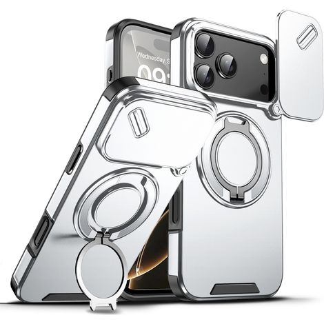 Schutzhülle Mit Verschiebbarer Linse Für Iphone 16 Pro Max – Schutzhülle In Militärqualität Mit Luftpolstern In Den Ecken, Fallschutz Und Magnetring – Silber