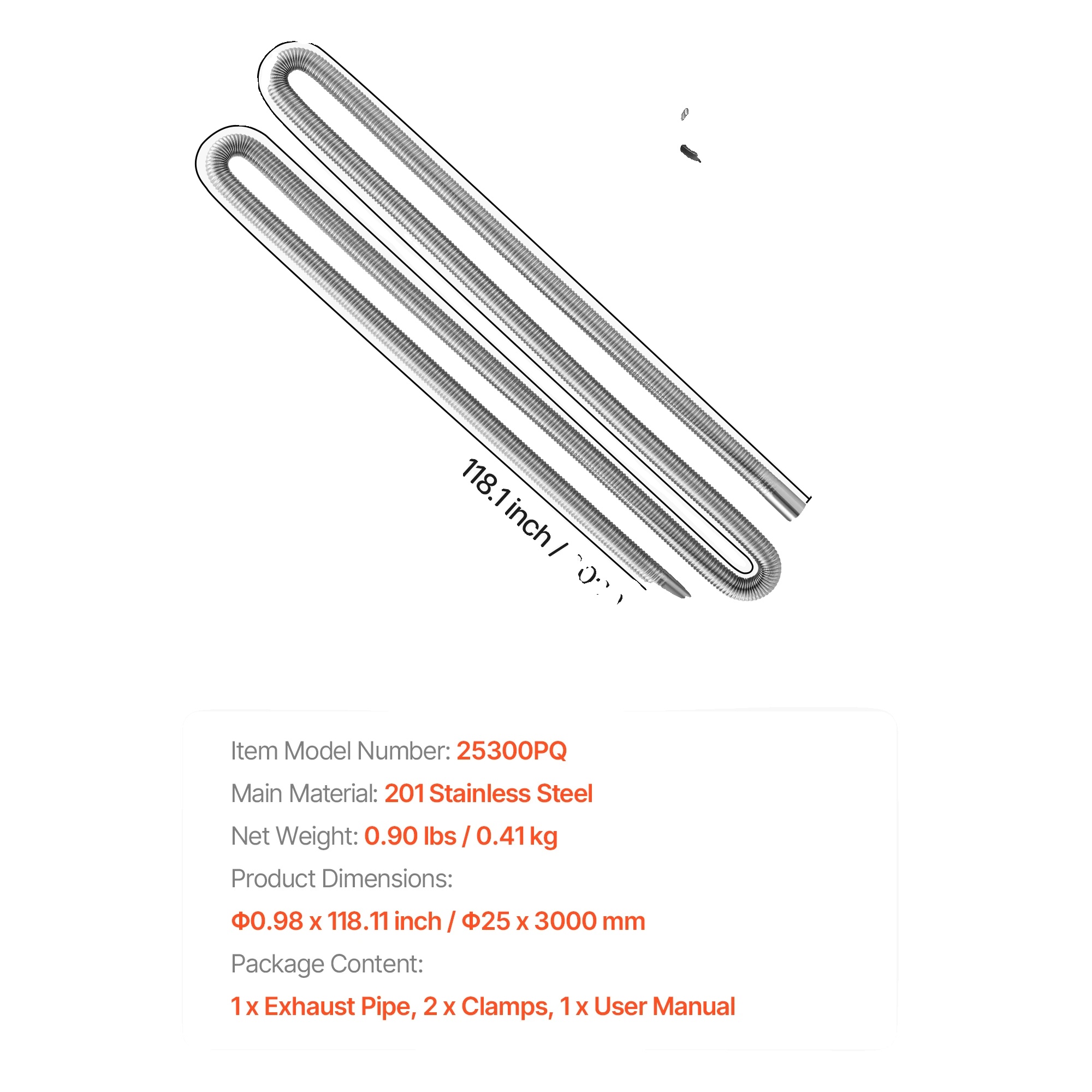 Auspuffschlauch, Edelstahl, Flexibles Design, 118in
