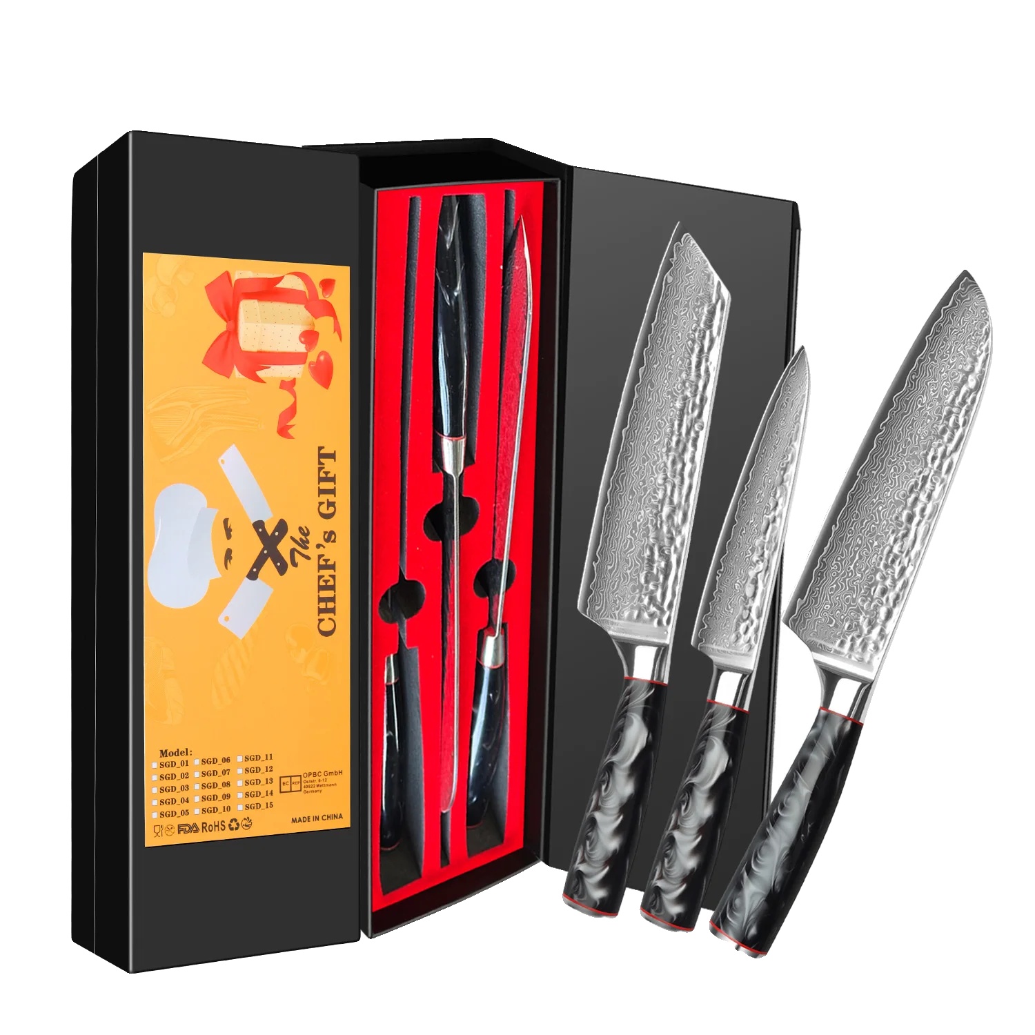Messer Set, Damaststahl, Ergonomischer G10 Griff, 3-teiliges Set