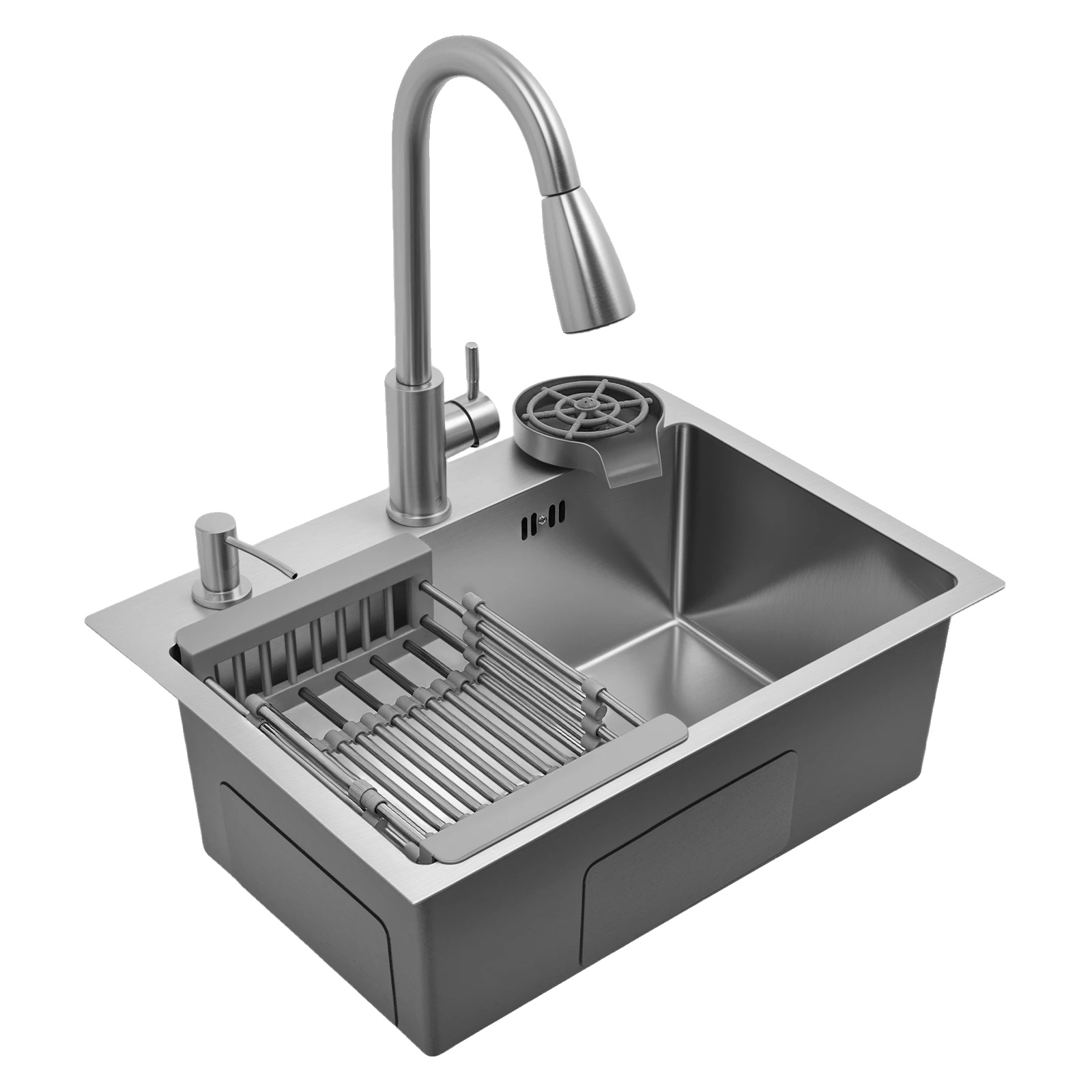 Küchenspüle, Ausziehbarer Wasserhahn, Rechteckiges Einzelbecken, Silber