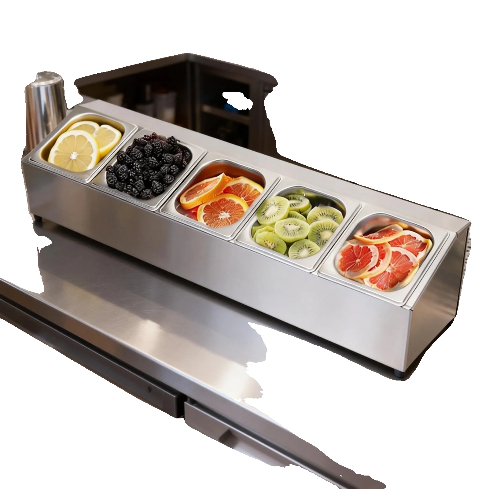 Gastronorm-pfannenregal, 201 Edelstahl, 39,4 X 29,2 X 36,1 Cm, Geneigtes Halterdesign, 5 X 1/6 Lebensmittelbehälter, Vielseitiger Gewürzorganizer