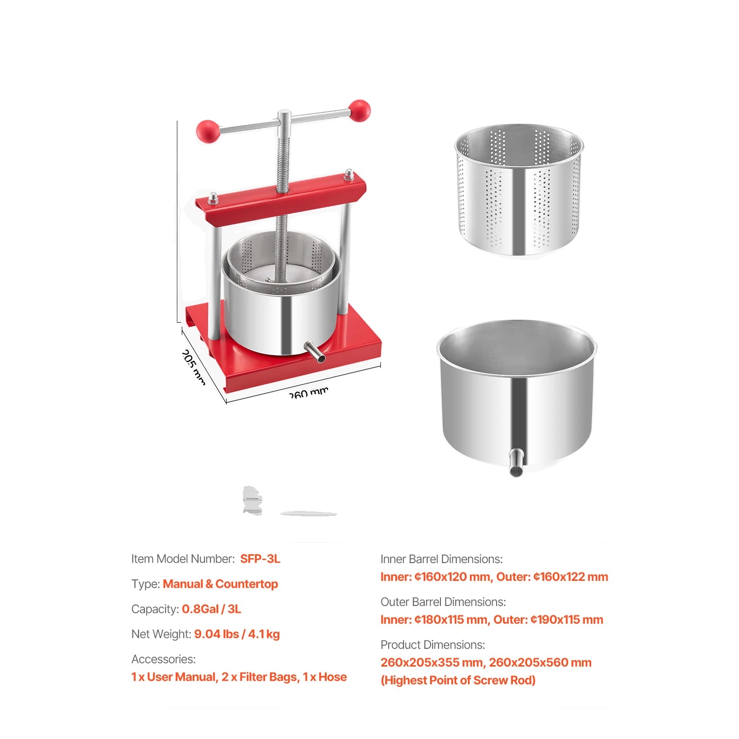 Obstweinpresse, Effiziente Saftgewinnung, Benutzerfreundliches Design, 3l