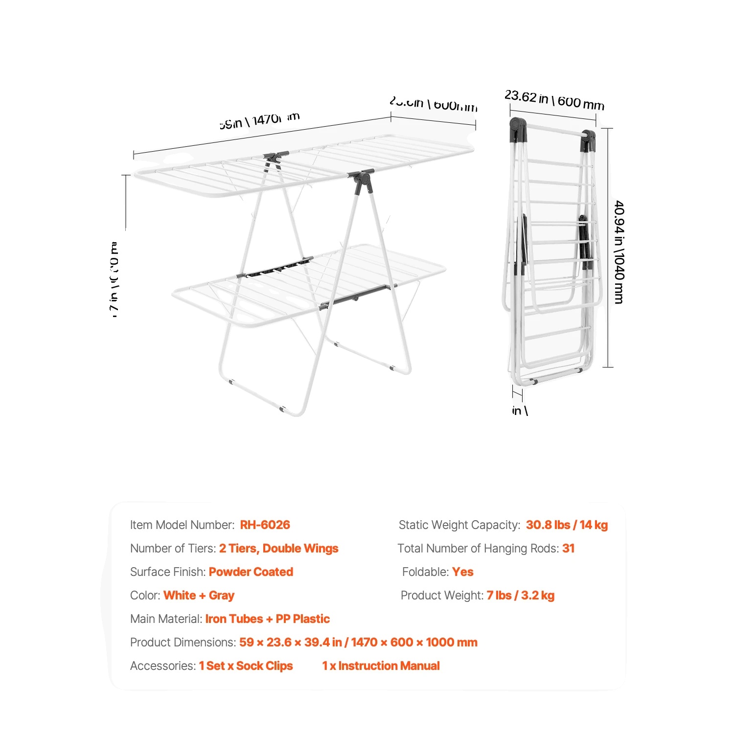 Wäscheständer, Höhenverstellbar, Faltbares Design, 31 Kleiderstangen 2 Ebenen