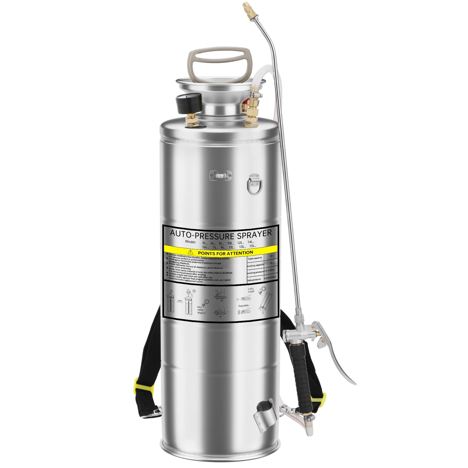 Handheld Sprayer, Edelstahlmaterial, 12 Liter Kapazität, Einstellbarer Druck 1,5-4,0 Bar, 18 Zoll Höhe, Leichtes Design