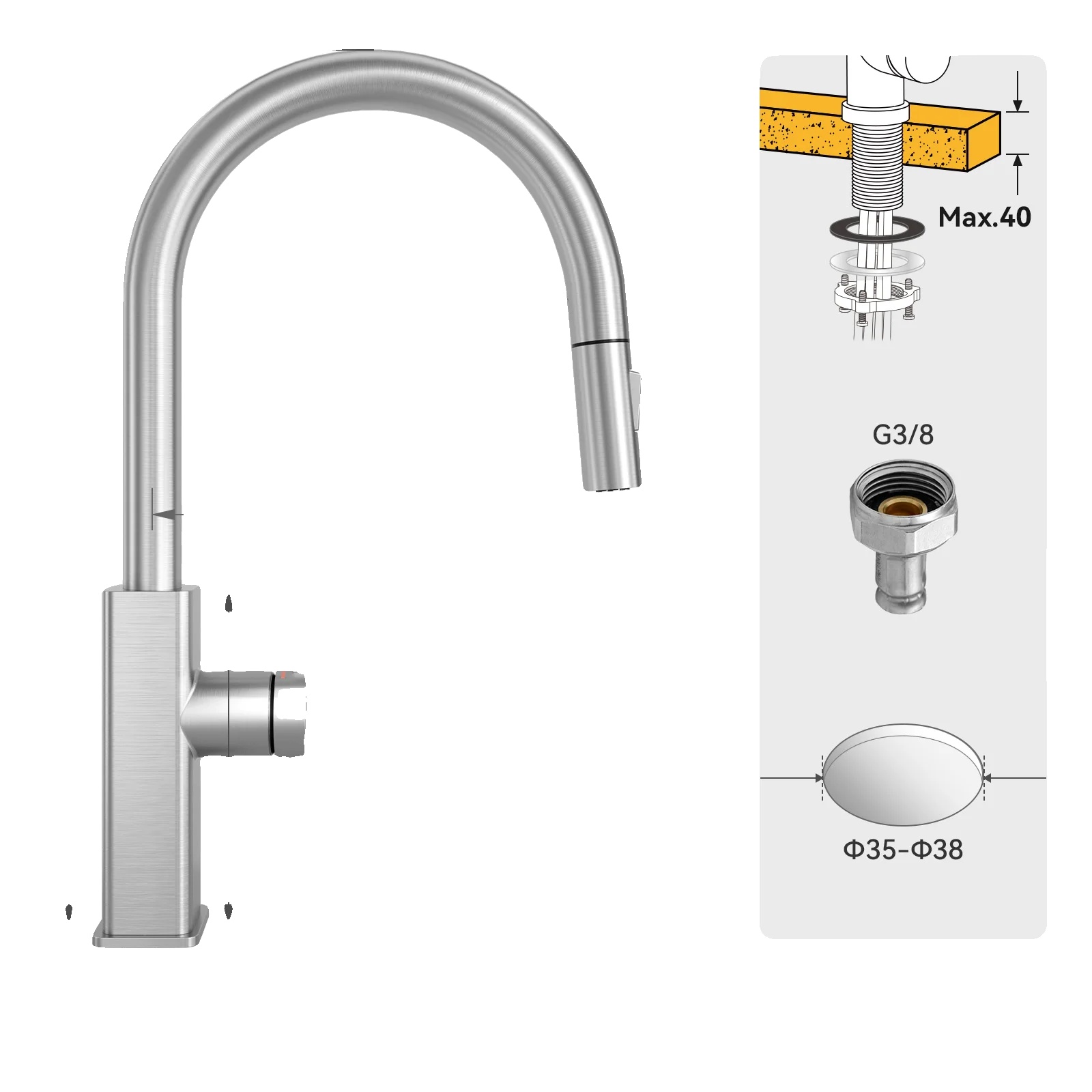Küchenarmatur, Ausziehbare Auslauf, Einhebelsteuerung, Chrom, G3/8