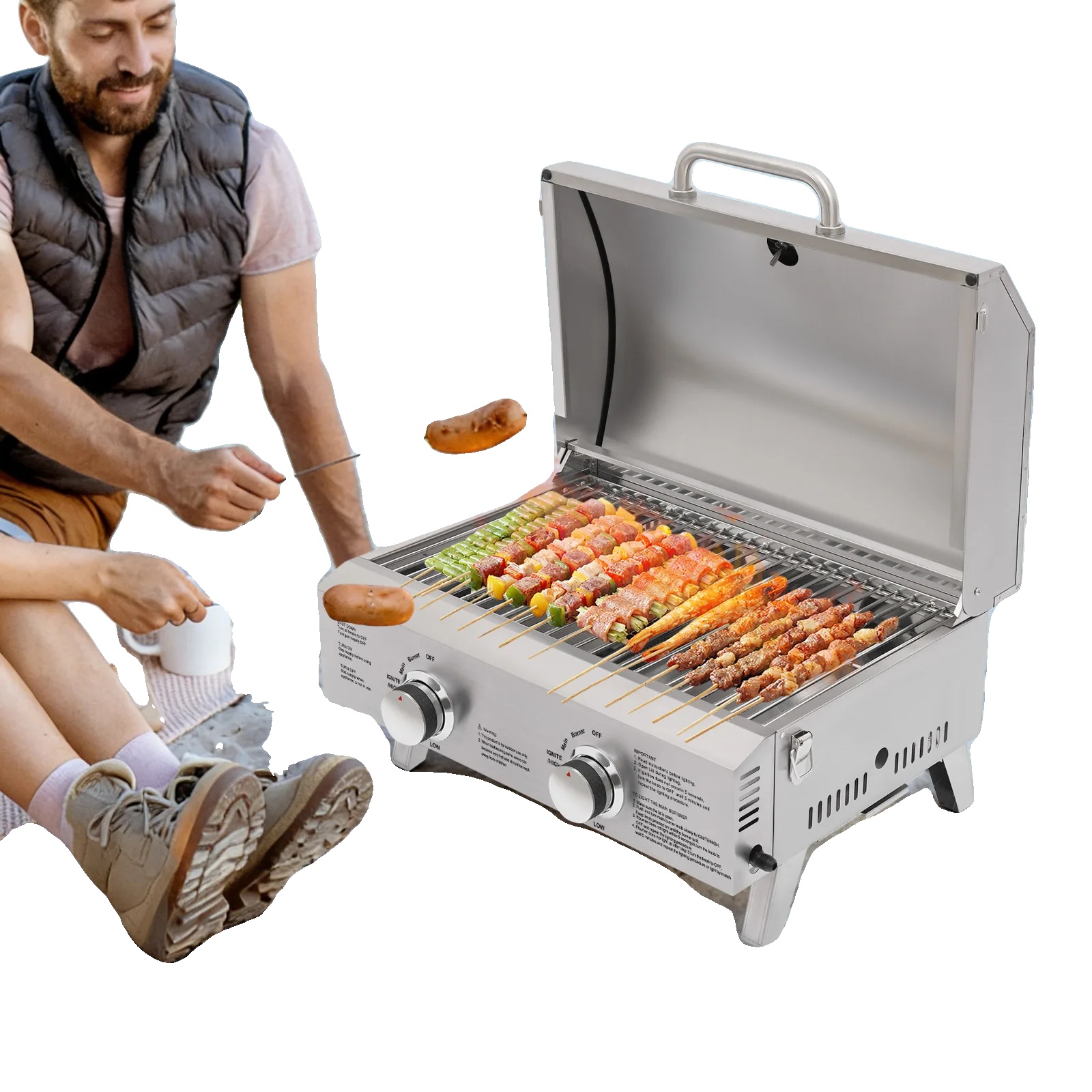 Tischgasgrill, 2 Brenner, Nur Lpg, Edelstahlkonstruktion, Kompaktes Design, Flammensicherheitsgerät