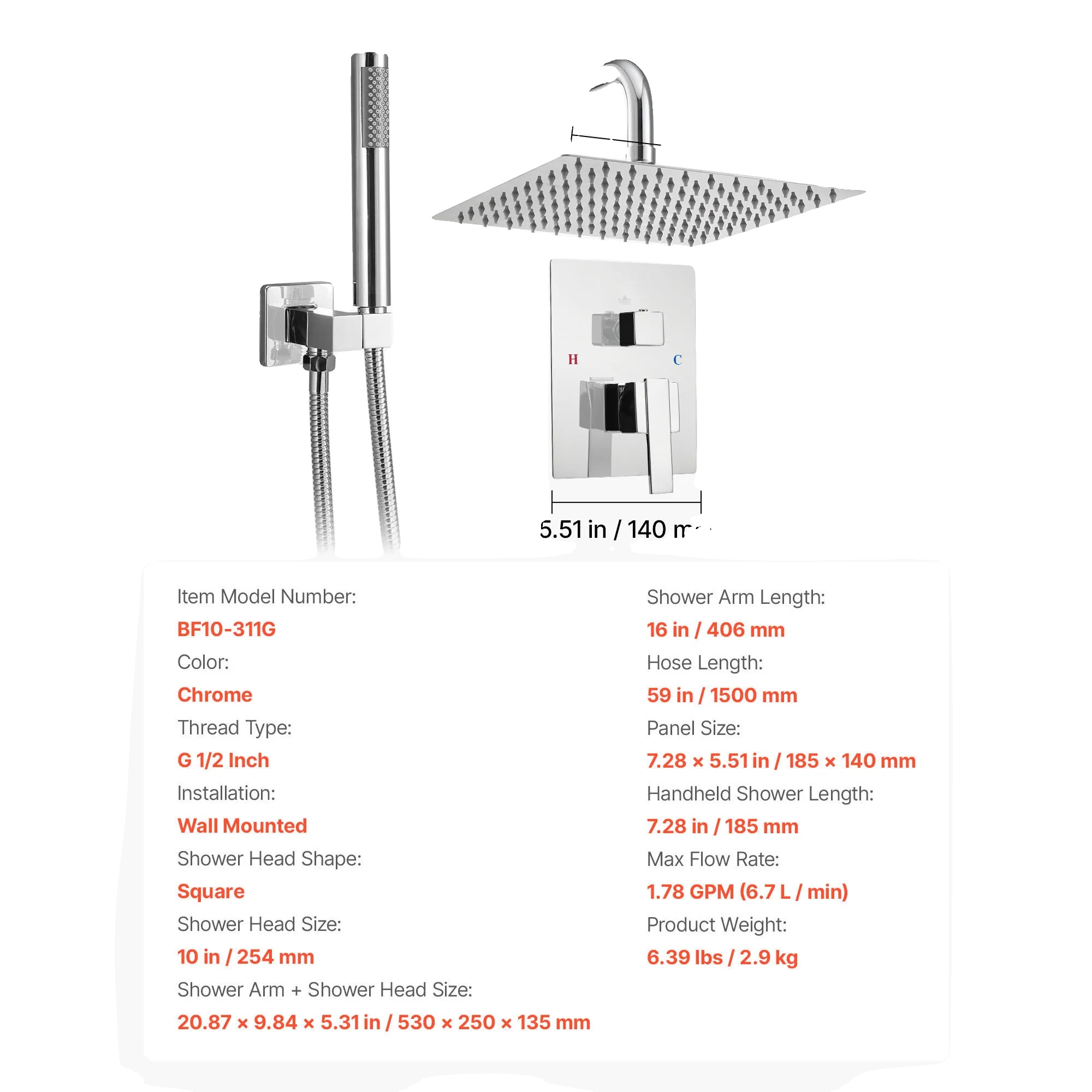 Duscharmatur Set, Handbrause, Regendusche System, Chrom Quadrat 10in