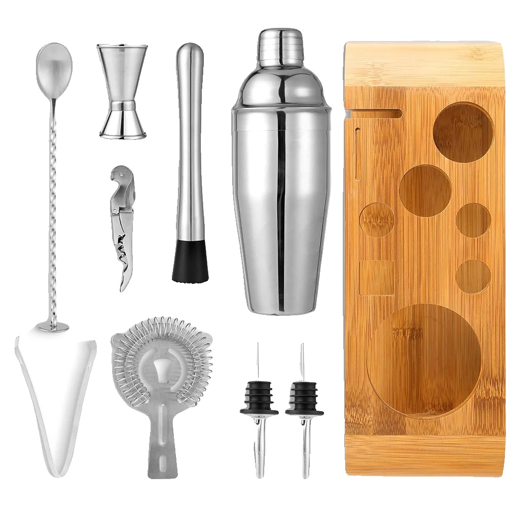 Cocktailshaker-set, 750 Ml Fassungsvermögen, 10-teiliges Werkzeugset, Edelstahlmaterial, Inklusive Bambusständer, Ideal Für Anfänger