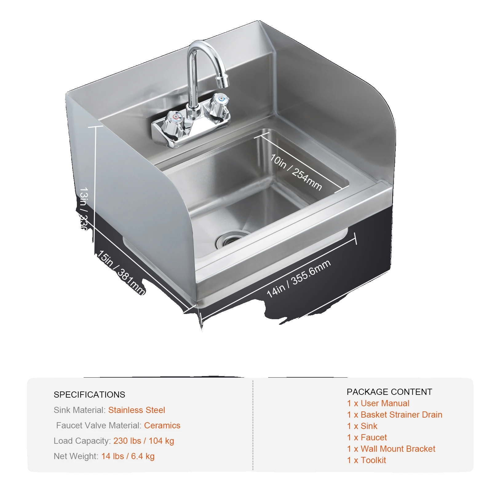Gewerblicher Handwaschbecken, Edelstahlkonstruktion, 360° Drehbarer Wasserhahn, 14x10inch