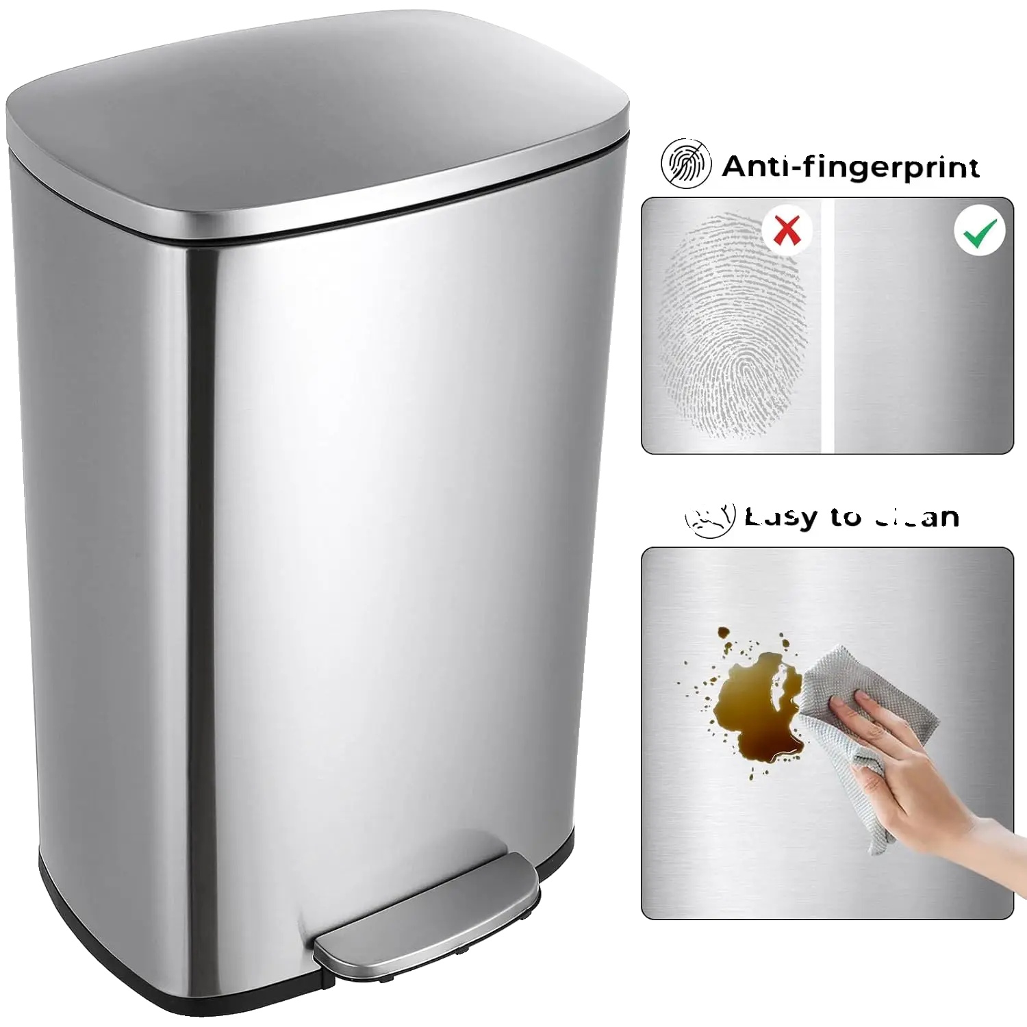 Küchenmülltonne, 50 Liter Fassungsvermögen, Gebürsteter Edelstahl, Herausnehmbarer Innenbehälter, Leiser Deckelverschluss, Minimalistisches Modernes