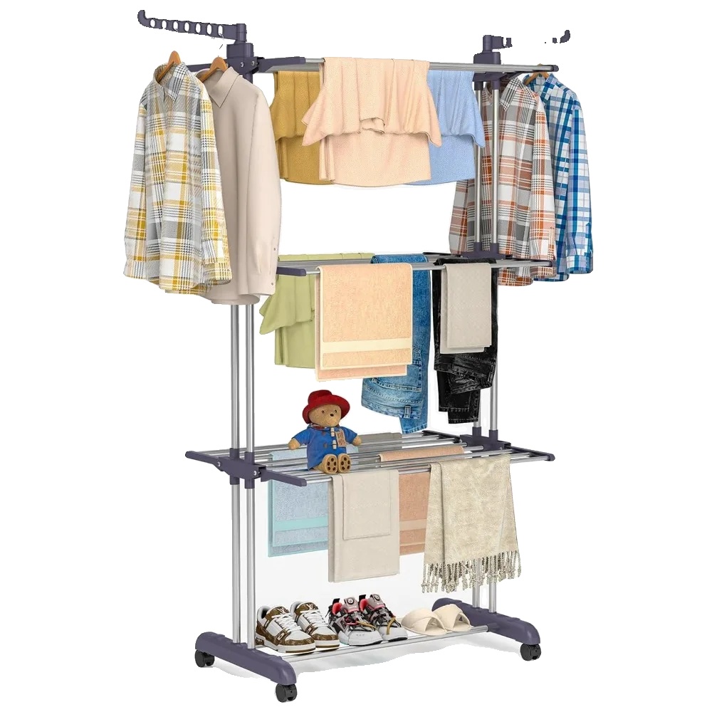 Wäscheständer, Edelstahl, 4-stufiges Design, Abmessungen 126 X 50 X 172 Cm, 6 Ausziehbare Ablagen, Mobilität Mit Rollen