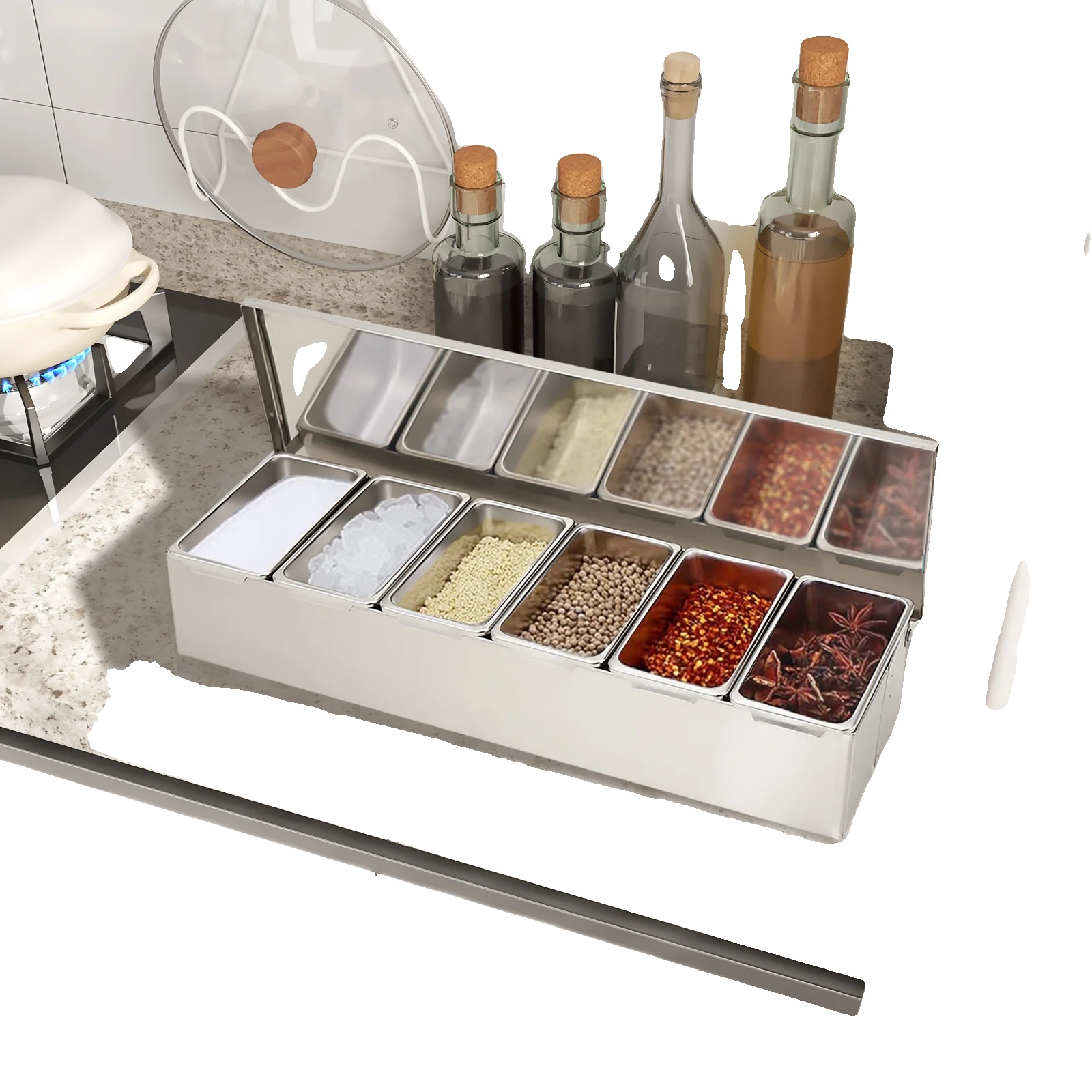 Zutatenbox, Edelstahlmaterial, 6-abschnitt-design, Abmessungen 46x15x8,8cm, Spülmaschinenfest, Fassungsvermögen 600ml Jeweils