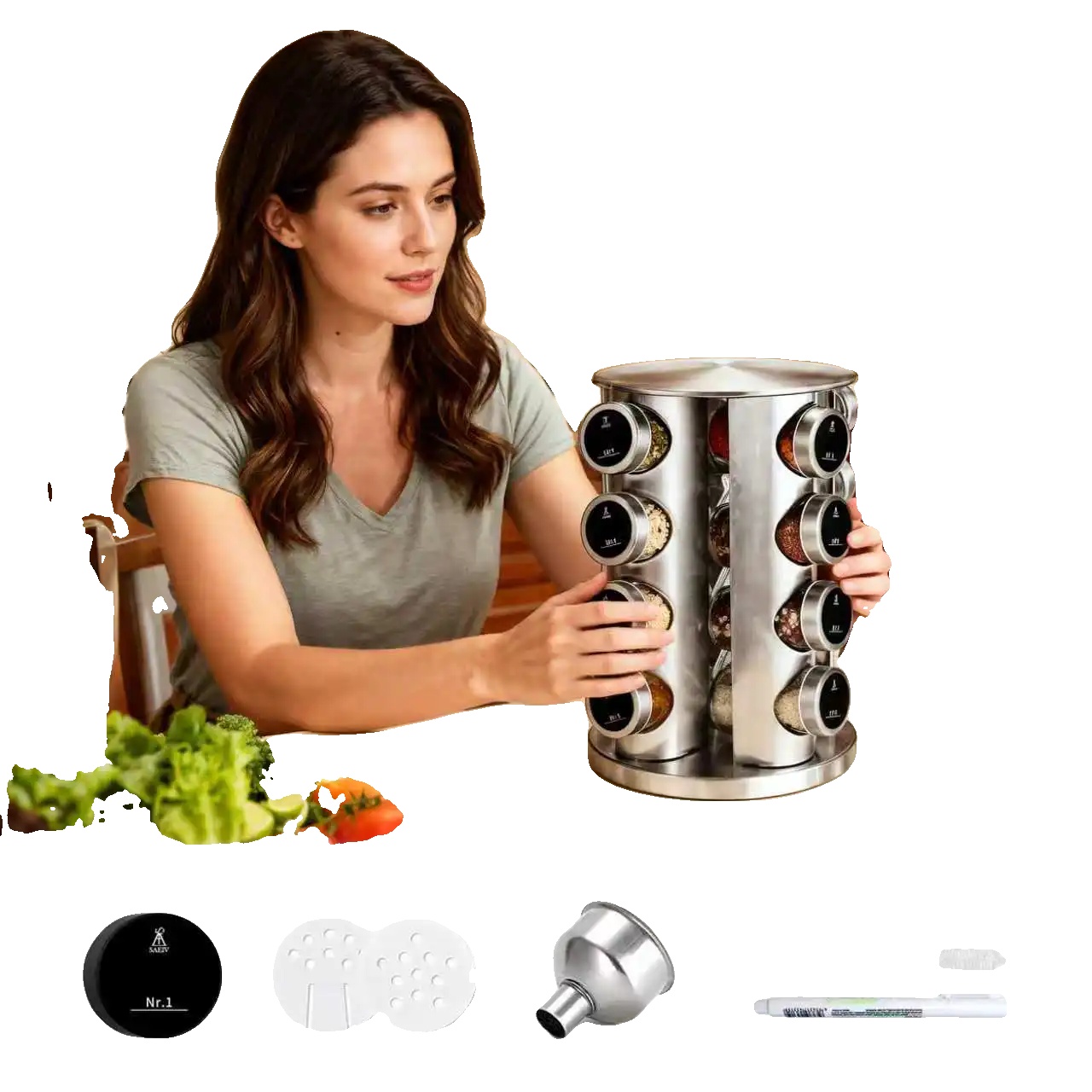 Gewürzregal, 360° Drehbar, Luftdichte Glasflaschen, 16-köpfig Rund
