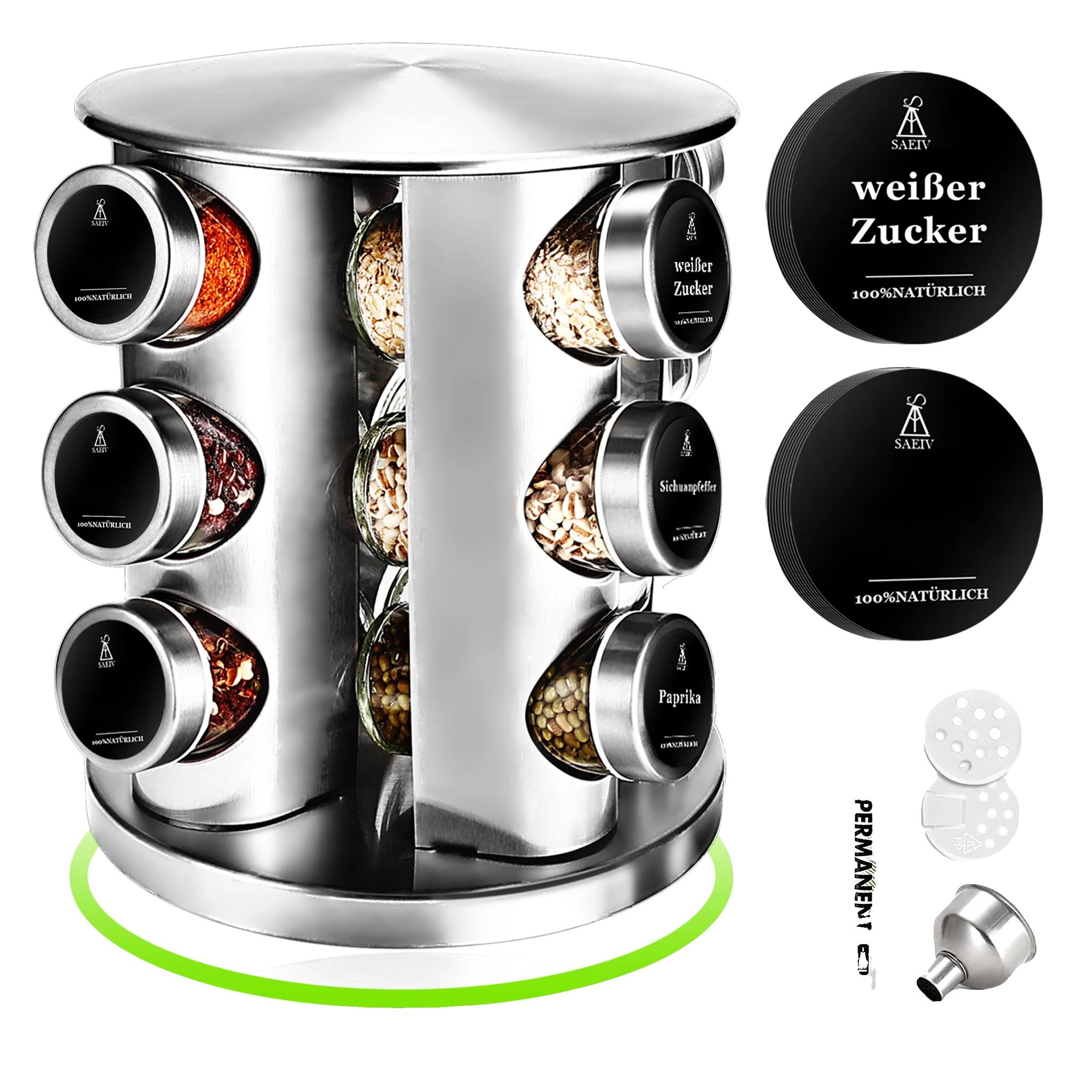 Gewürzregal, 360° Drehbarer Organizer, Luftdichte Glasbehälter, 12 Gewürzgläser, M-a