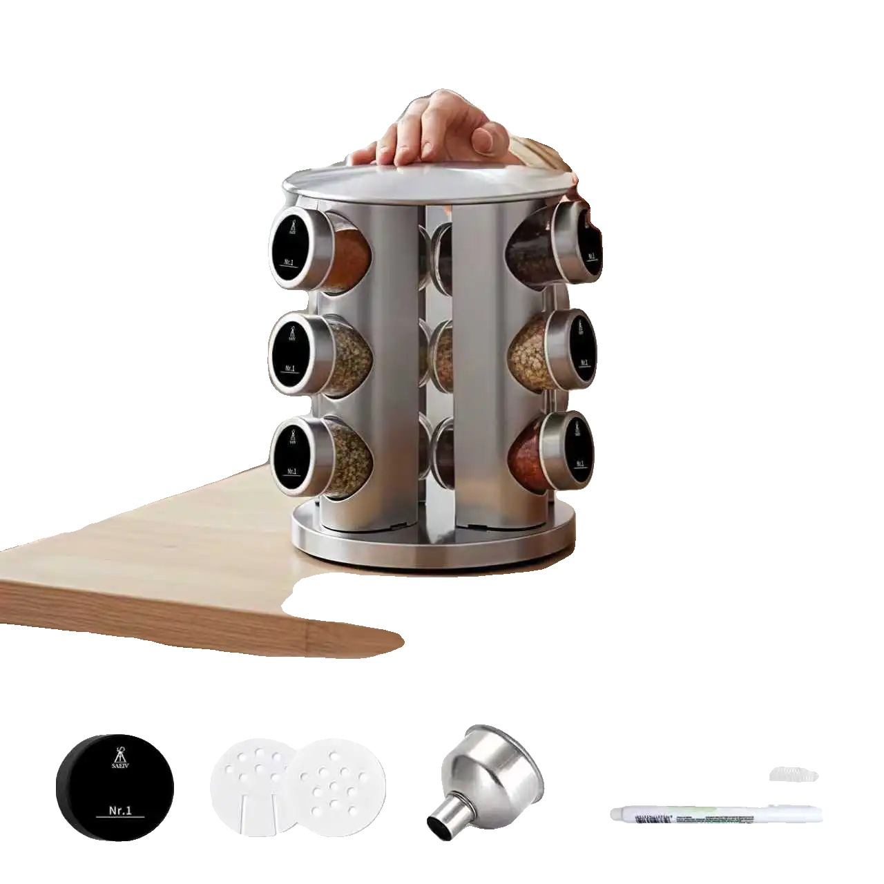 Gewürzregal, 360° Drehbar, Luftdichte Glasflaschen, 12-köpfig Rund