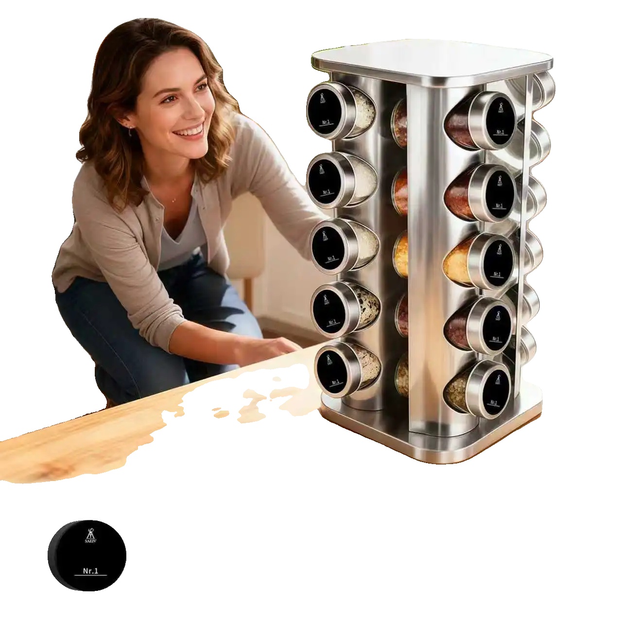 Gewürzregal, 360° Drehbar, Luftdichte Glasflaschen, 20-köpfige Quadratische
