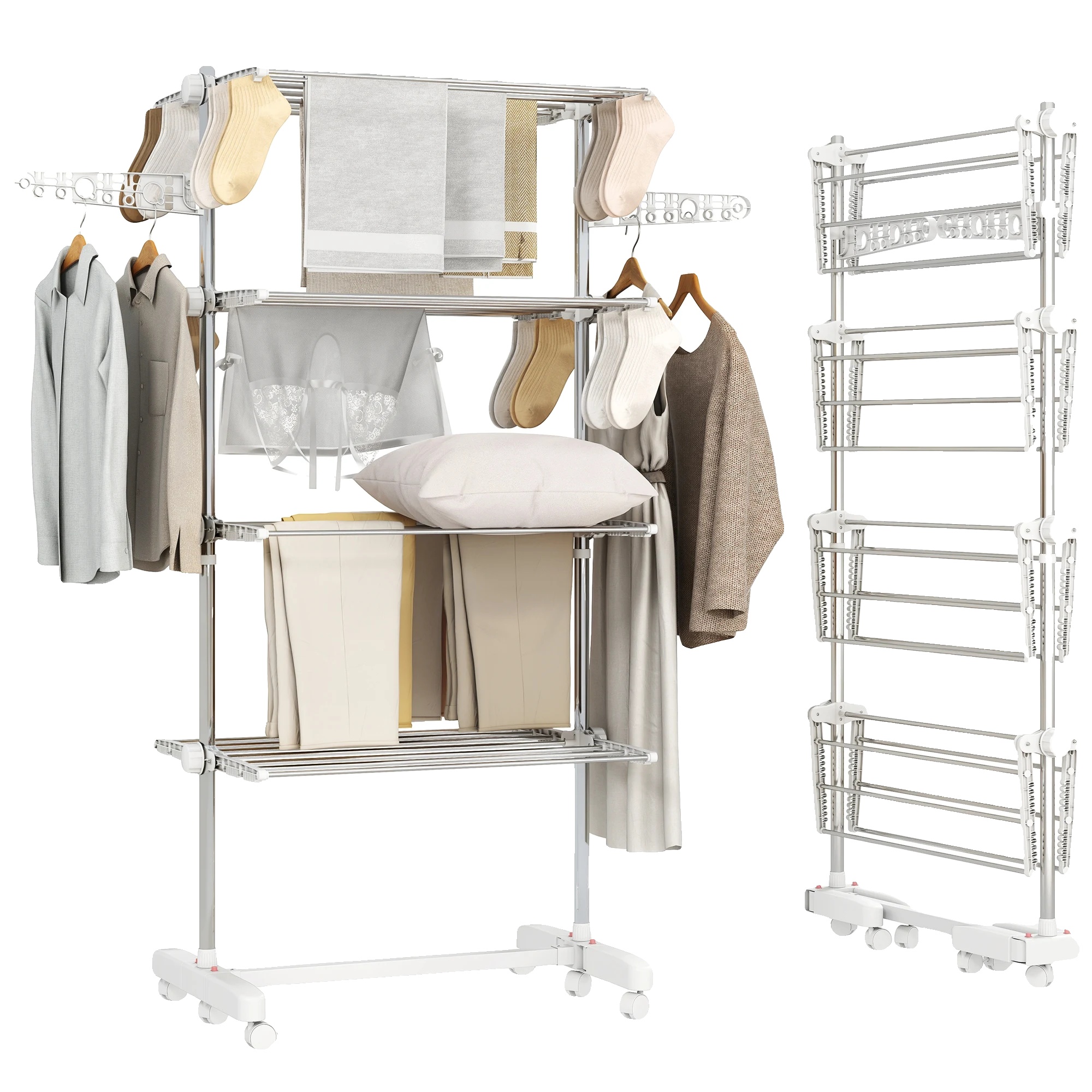 Wäscheständer, Faltbar, 4 Ebenen, 80-142 X 55 X 172 Cm, Kunststoffmaterial, 6 Räder