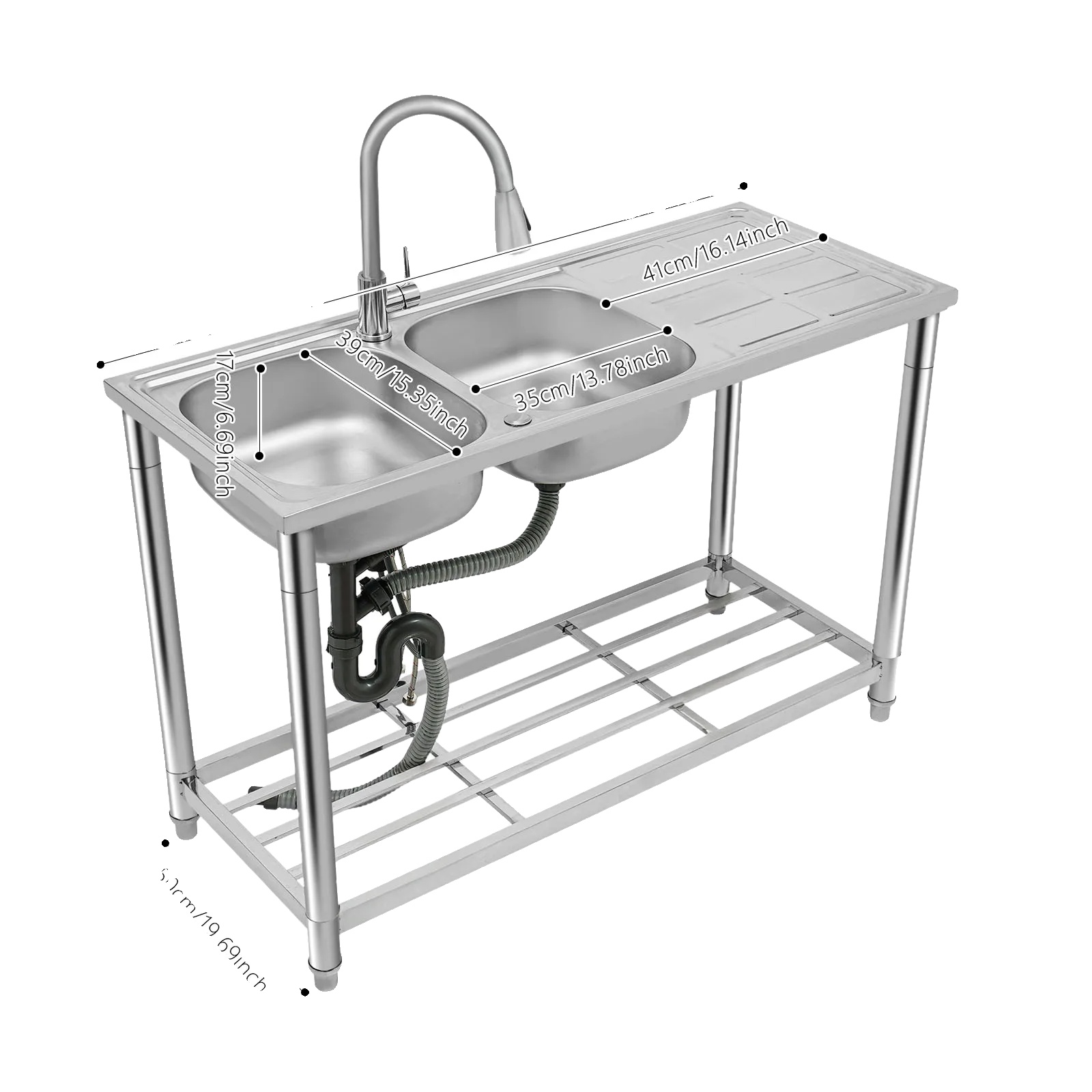 Küchenspüle, Doppelbecken, 360° Auszieharmatur, Silber