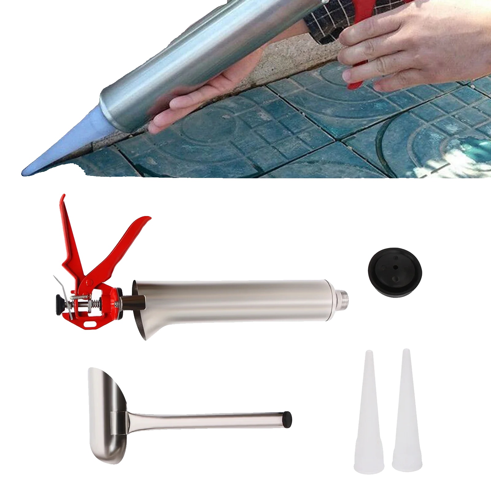 Zementinjektionspistole, Länge 51 Cm, Durchmesser 6,2 Cm, Nettogewicht 1,1 Kg, Enthält 3 Düsen, Konstruktion Aus Edelstahl Und Aluminium