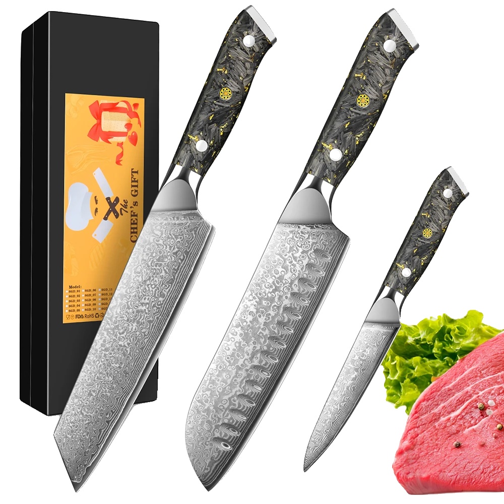 Messer Set, Damaststahl Konstruktion, Ergonomisches Griffdesign, 3pcs