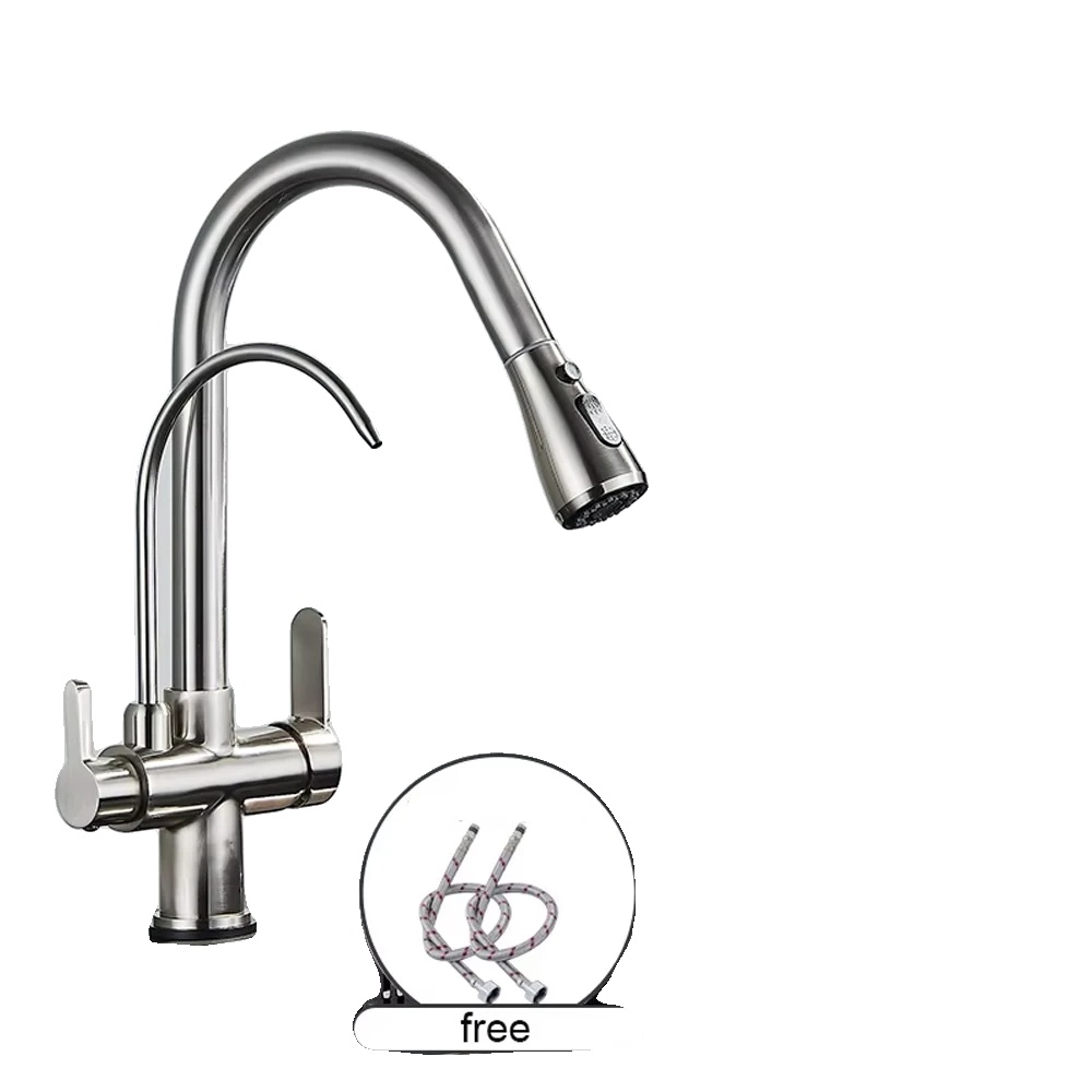 Wasserfilterarmatur, Doppelgriff, Ausziehbare Auslauf, Bürstetes Nickel