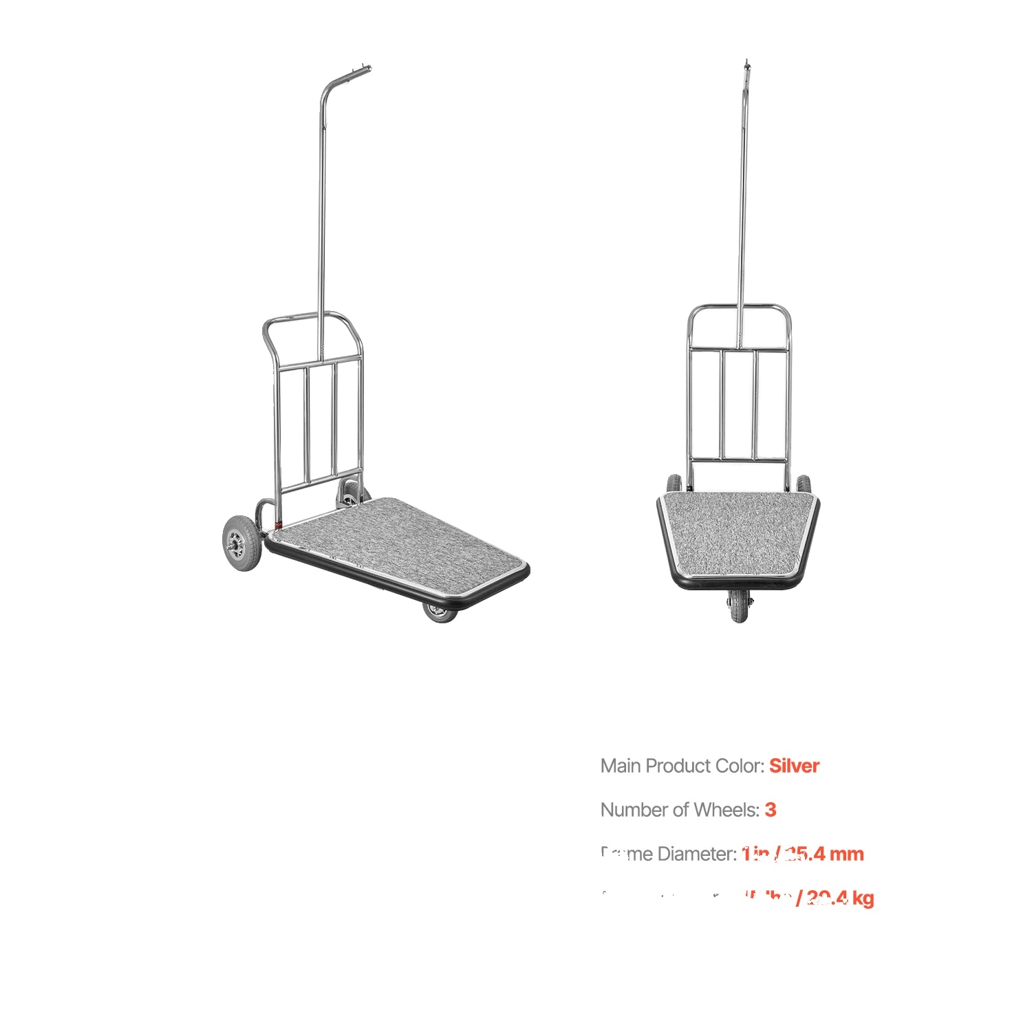 Gepäckwagen, 600 Lbs Tragfähigkeit, Langlebige Edelstahlkonstruktion, 600 Lbs