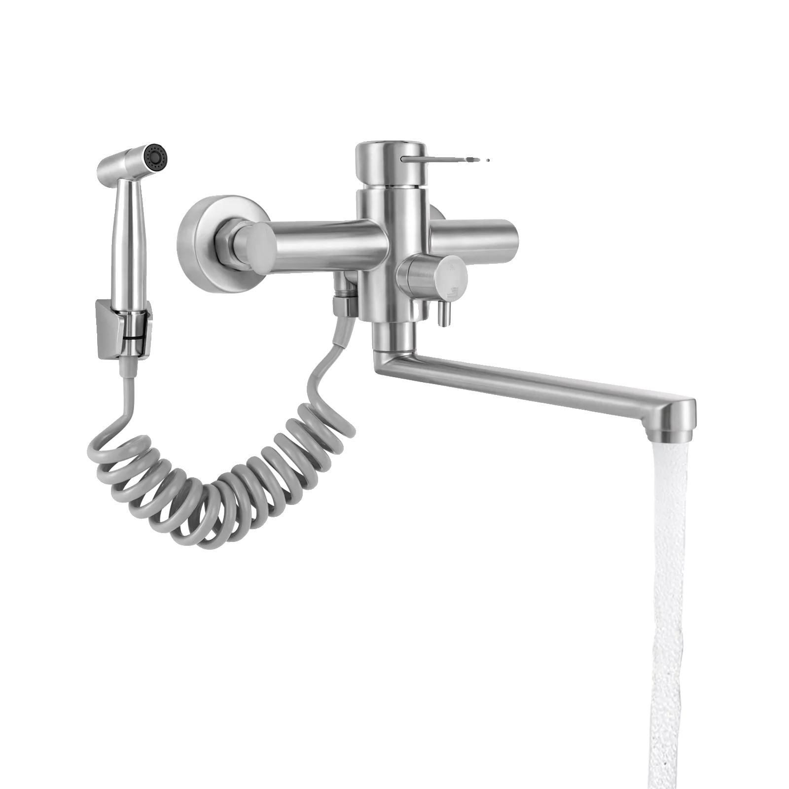 Wandmontierte Küchenarmatur, Mischbatterie Für Heißes Und Kaltes Wasser, Sprühfunktion, Silber