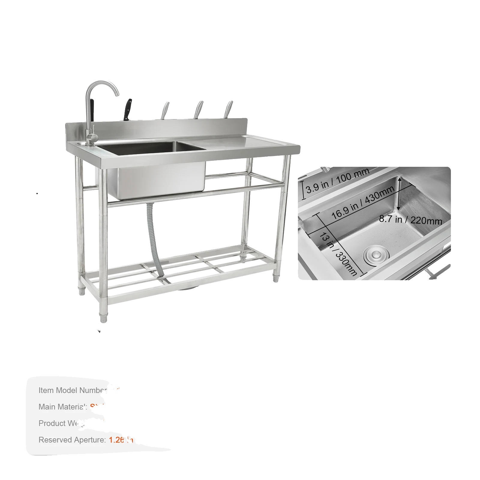 Gewerbliche Küchenspüle, Edelstahl, Warm- Und Kaltwasserhahn, 39.4inch Links