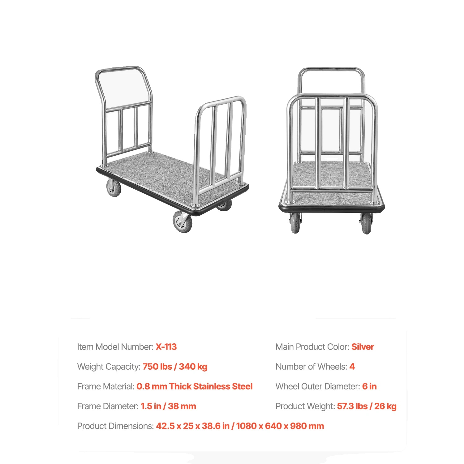 Hotel Gepäckwagen, Edelstahlbau Mit Abnehmbarem Frontrahmen Und 6-zoll-rädern, Sanfte Manövrierbarkeit, 750 Lbs