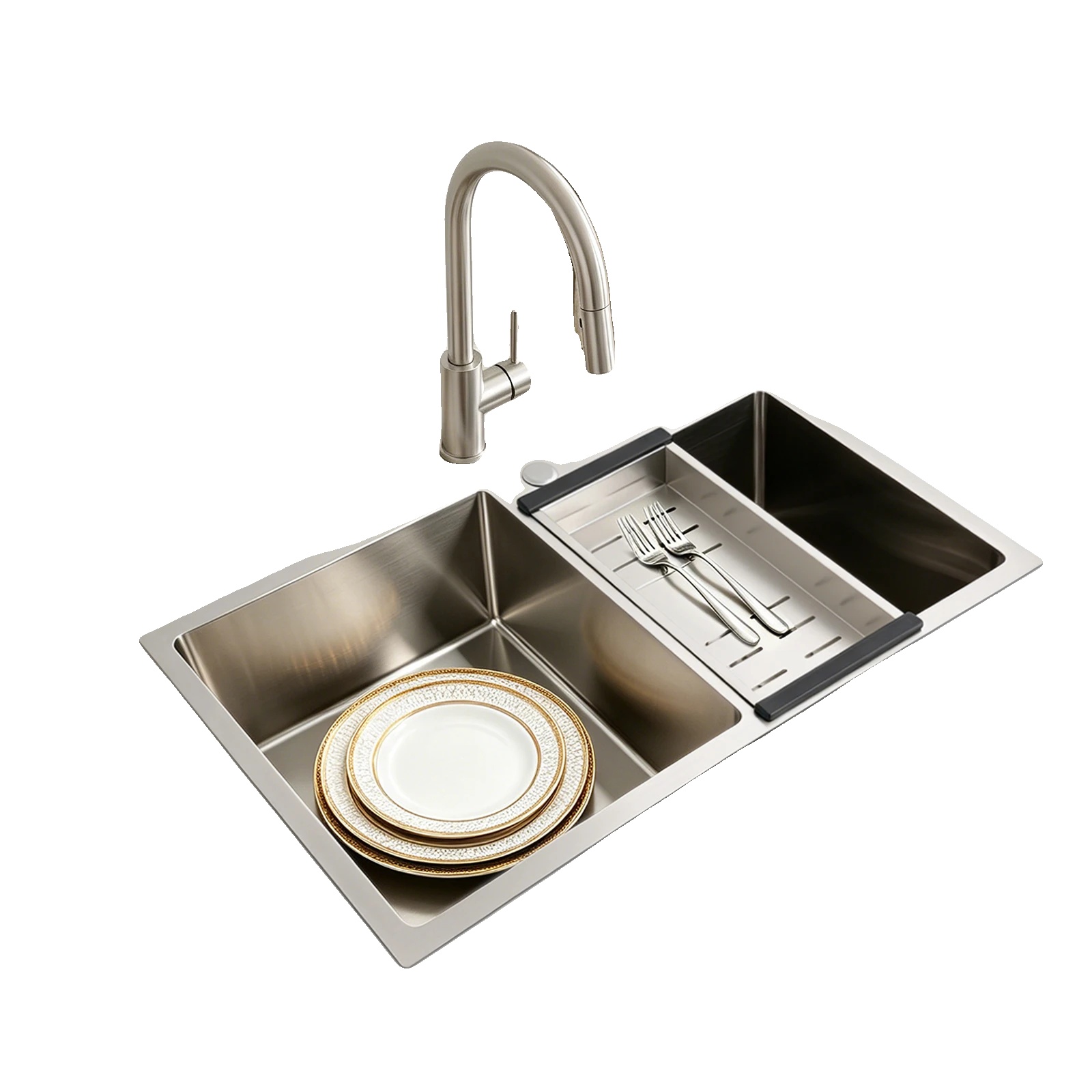Doppelbecken Küchenspüle, 14,72 X 14,96 Zoll Becken, 12,99 X 12,99 Zoll Becken, Edelstahlmaterial, Unterbau-/aufsatzinstallation, 2 Becken