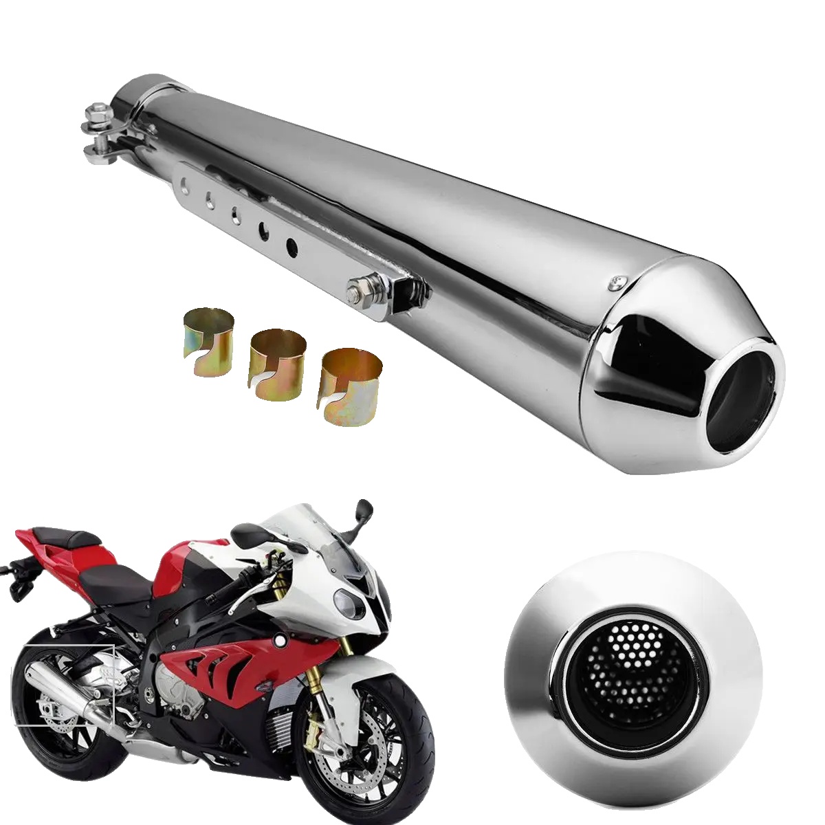 Motorrad Auspuff Schalldämpfer, Edelstahl, Universelle Passform, Silberbeschichtung