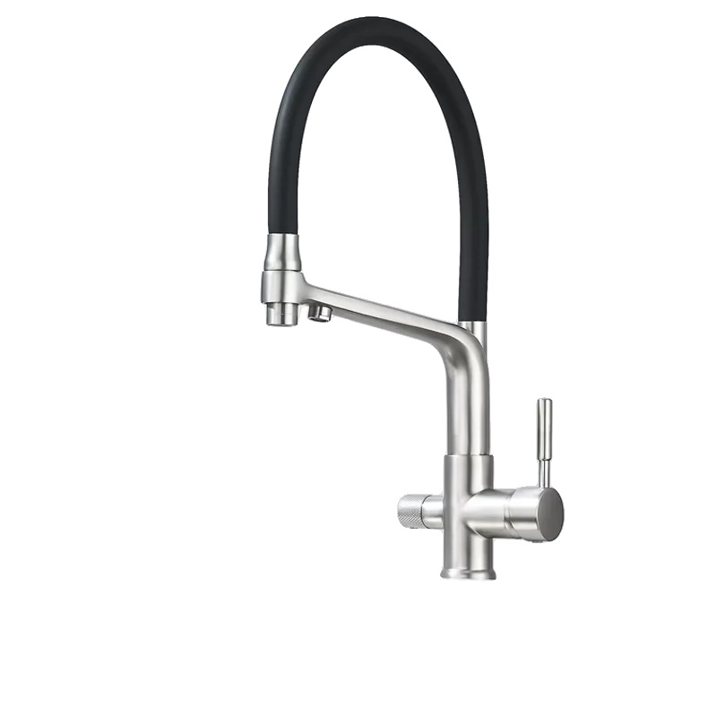 Küchenarmatur, Messingkonstruktion, Doppelauslaufdesign, Bürstetes Nickel A