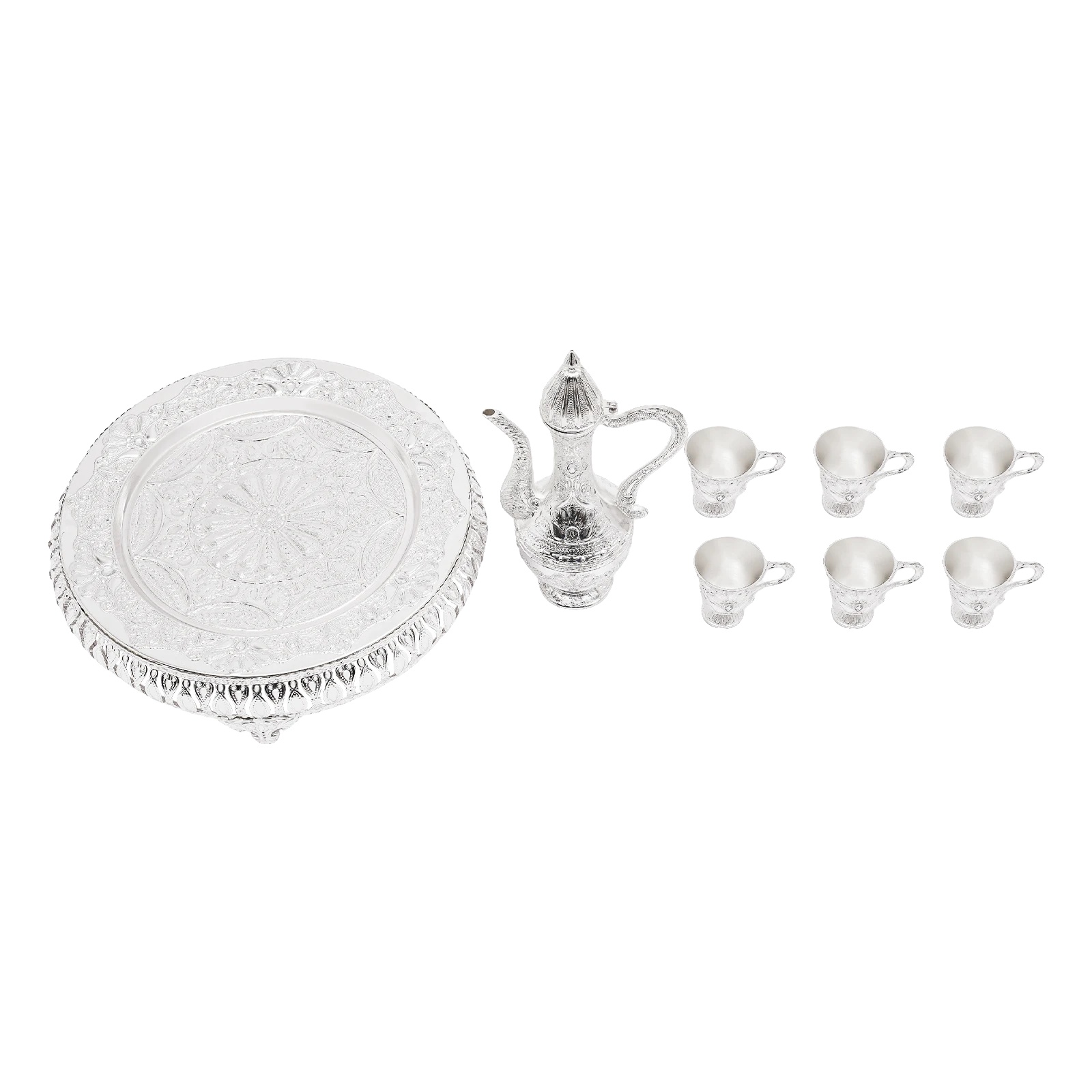 Teekannen-set, Enthält 6 Teetassen, Elegantes Teetablett, Silber, Achtteiliges Set