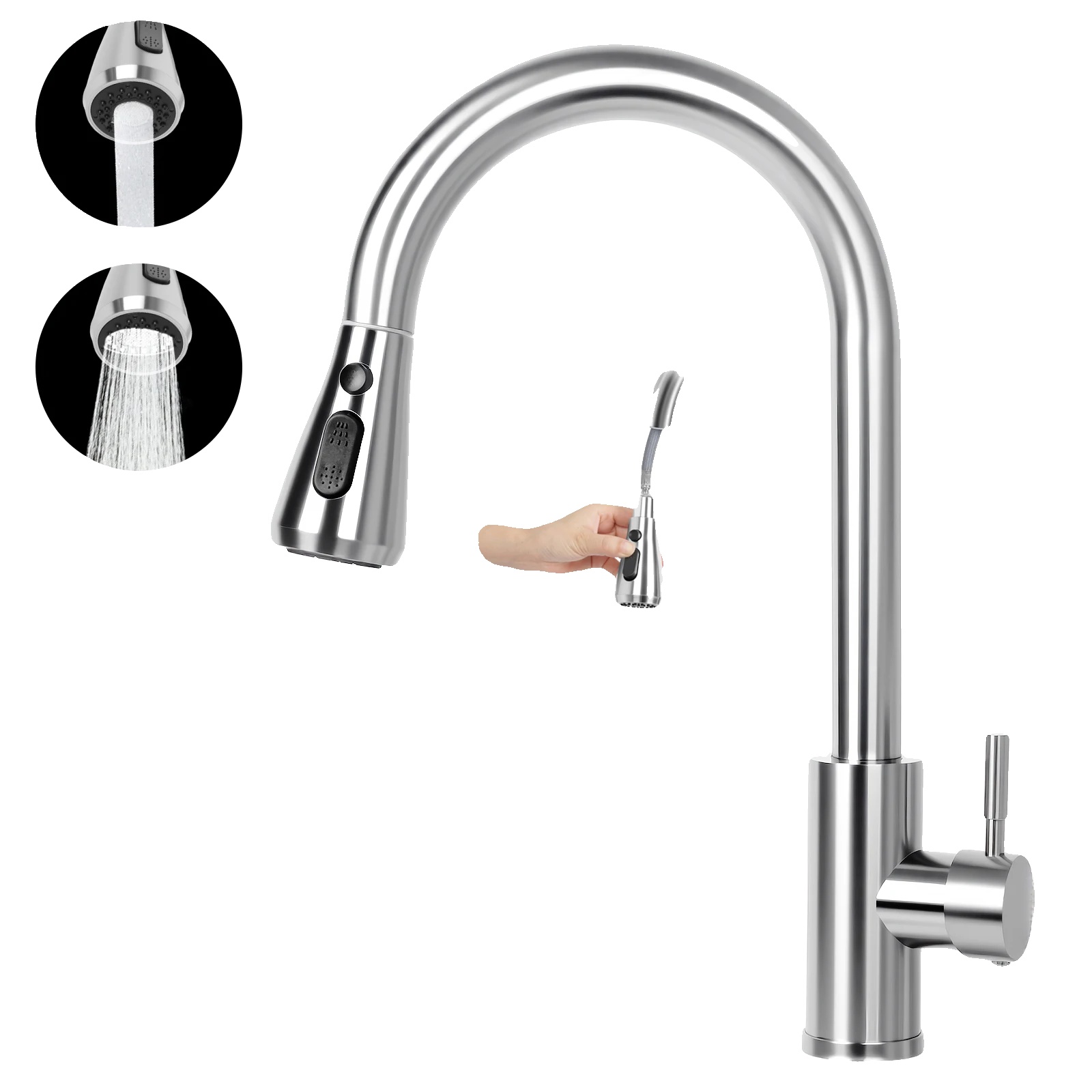 Küchenarmatur, Ausziehbare Sprühdüse, Hohe Bogenform, Silber