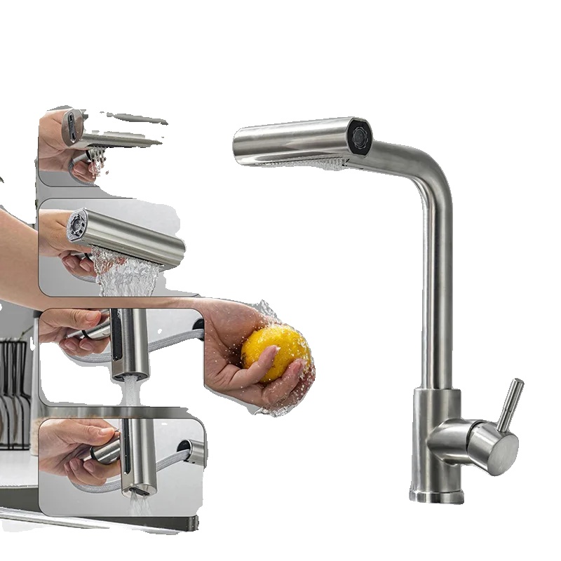 Küchenarmatur, Ausziehbare Auslauf, 4 Sprühmodi, Bürstennickel